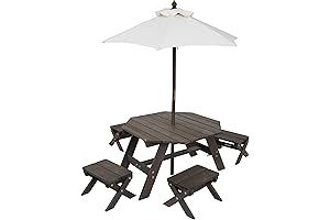 KidsKraft Wooden Octagon Table, Stools & Umbrella Set: Perfect Outdoor Oasis for Kids