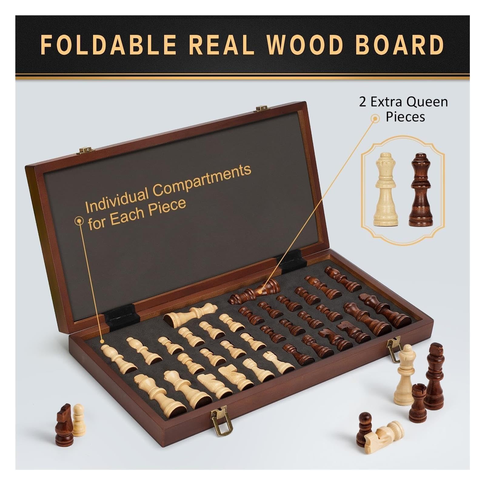 Set di scacchi magnetici in legno con 2 regine extra | Set di scacchi da viaggio portatile con slot for riporre i pezzi, gioco da tavolo for principianti