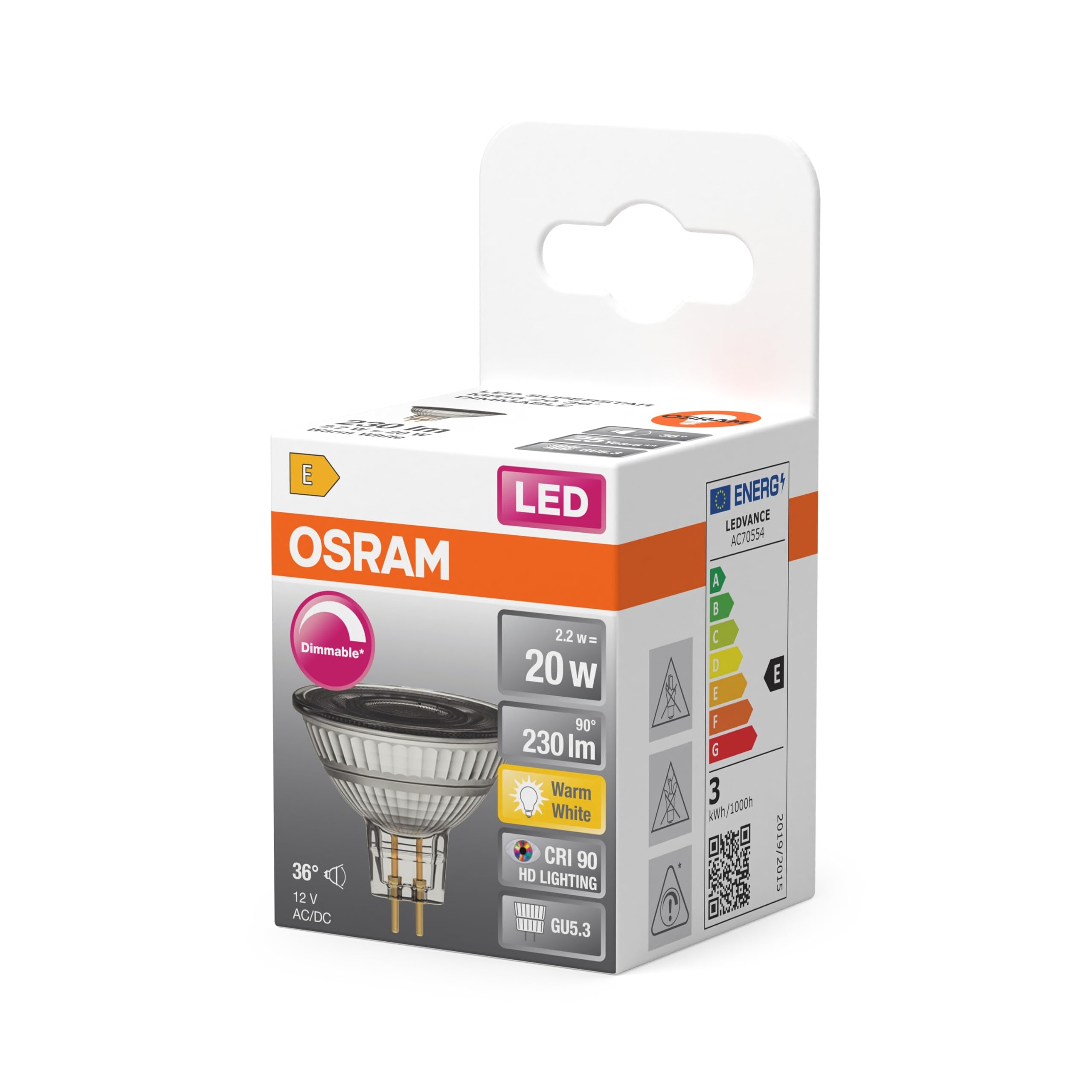 OSRAM Riflettore spot LED Superstar MR16 20 36° DIM 2,2W | LED Superstar MR16 20 36° DIM, Reflector, Chiaro, 25000 h, confezione da 1