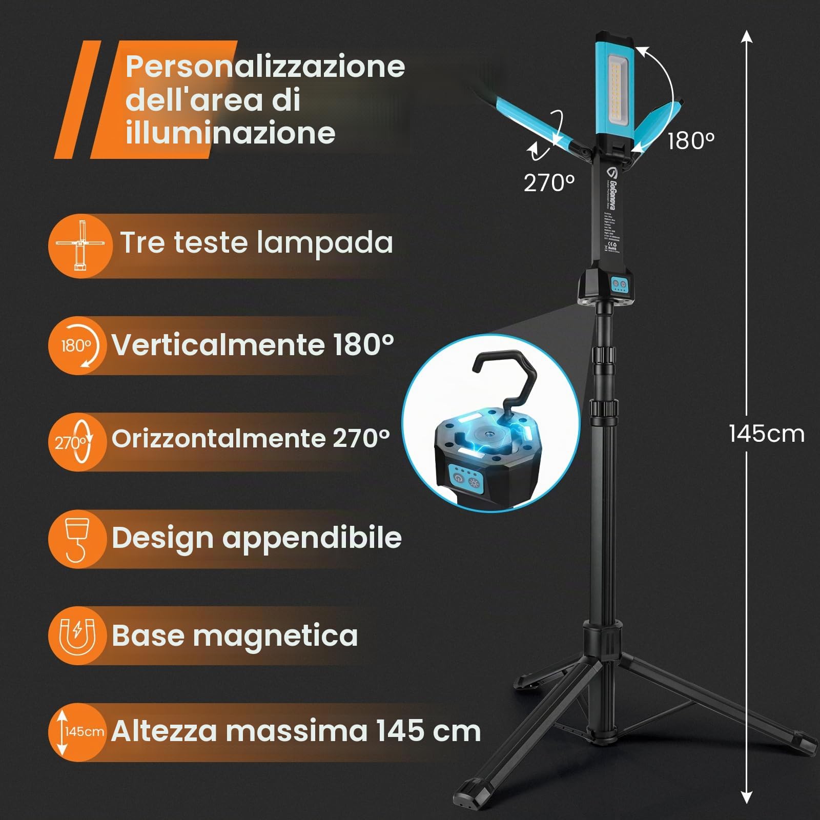 Faretto da costruzione a LED con treppiede, faro da lavoro/faro da lavoro wireless GoGonova con batteria da 8000mAh, 700/1200/2200 lumen, 4000/6500 K, treppiede telescopico da 170cm