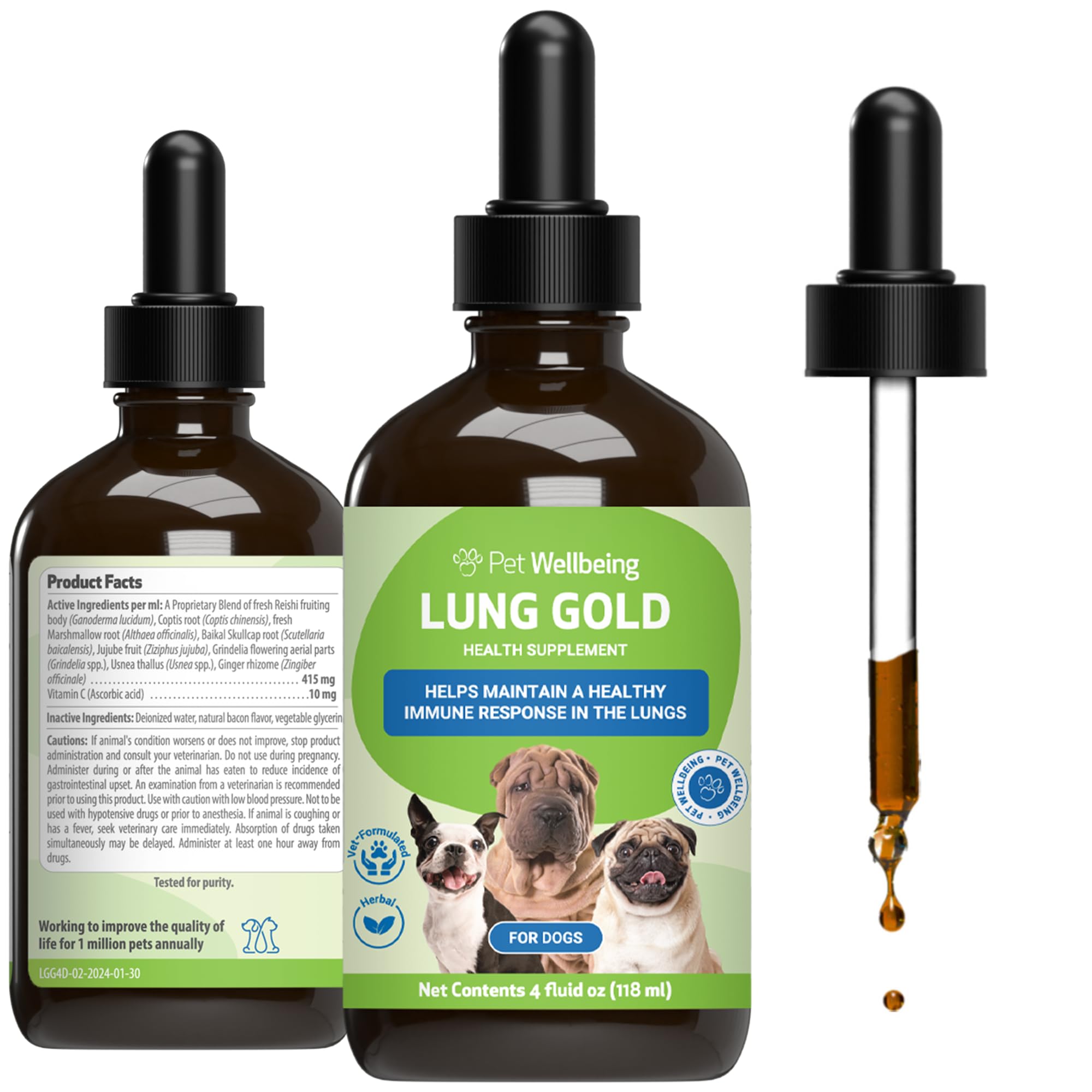 Pet Wellbeing Lung Gold for Dogs & Cats - Lung Immune Support, Lower Respiratory Health, Open Airways, Normal Breathing, Reishi, Coptis - Veterinarian-Formulated Herbal Supplement - 4 oz (118 ml)