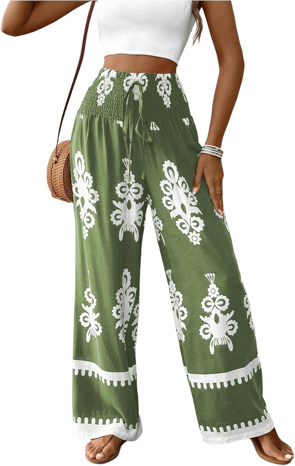 WDIRARA Women's Boho Floral Print Wide Leg Pants Smocked Drawstring High Waisted Trousers