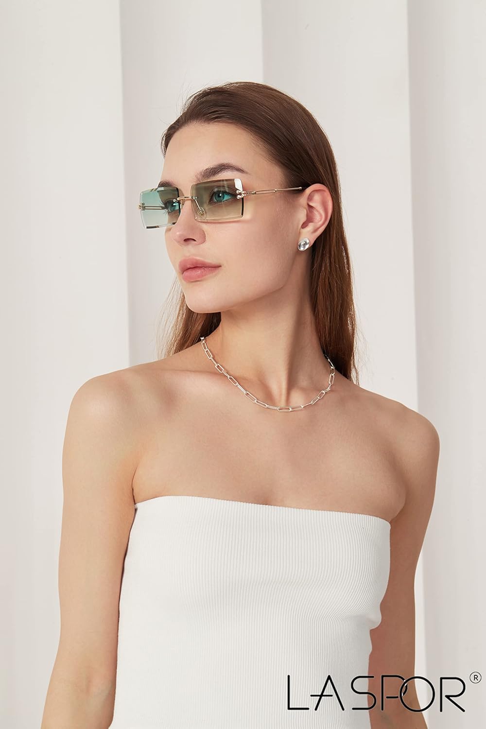 LASPOR Silver Rimless Sunglasses Rectangle for Men and Women 90s 2000s Retro Vintage Square Frameless Tinted Glasses Shades - Image 6