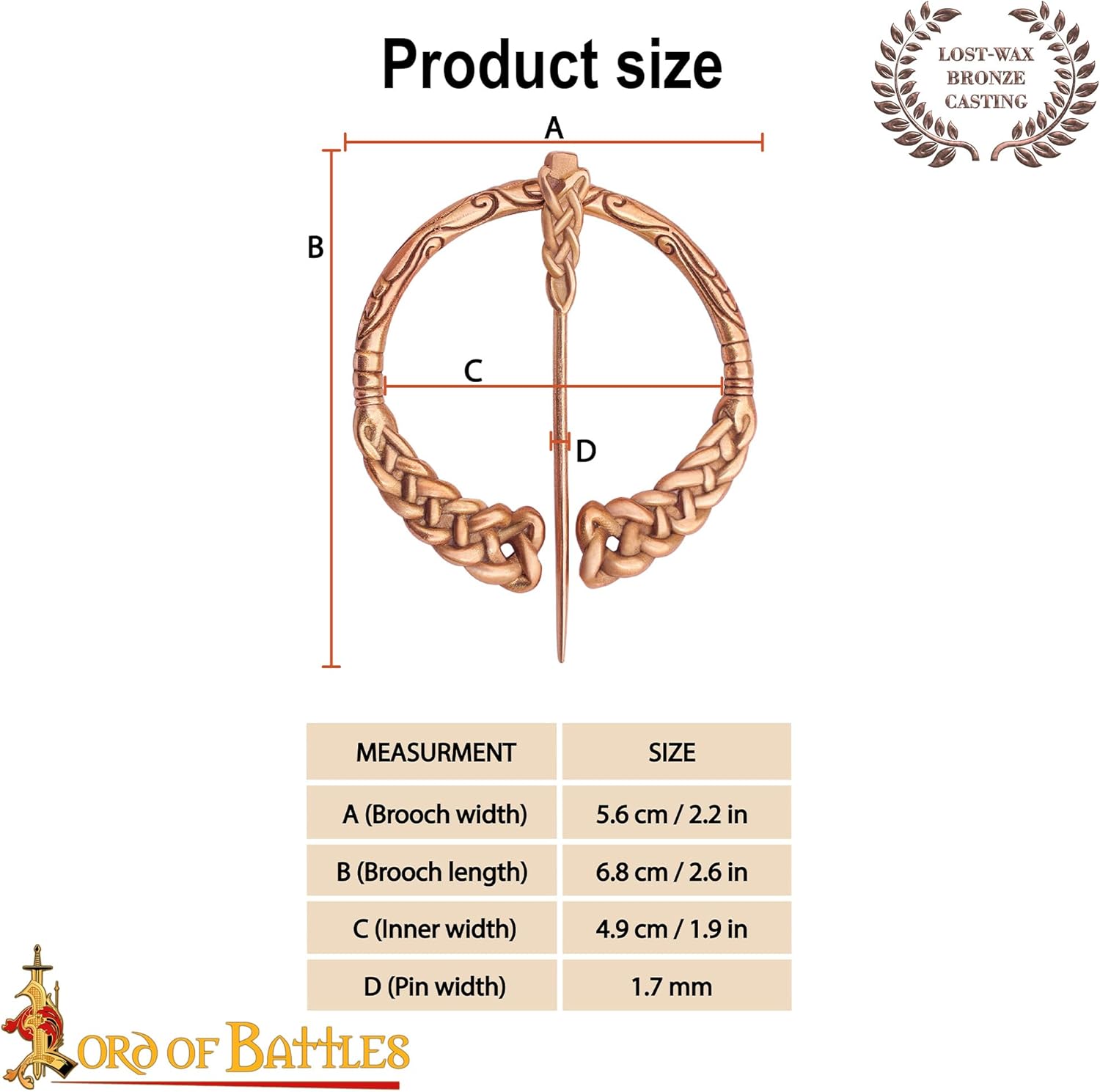 Lord of Battles Bronze Celtic Brooch Viking Cloak Pin for your Cloak or Clothes Medieval LARP SCA Cosplay Recreation Made of Lost-Wax Cast Bronze - Image 2