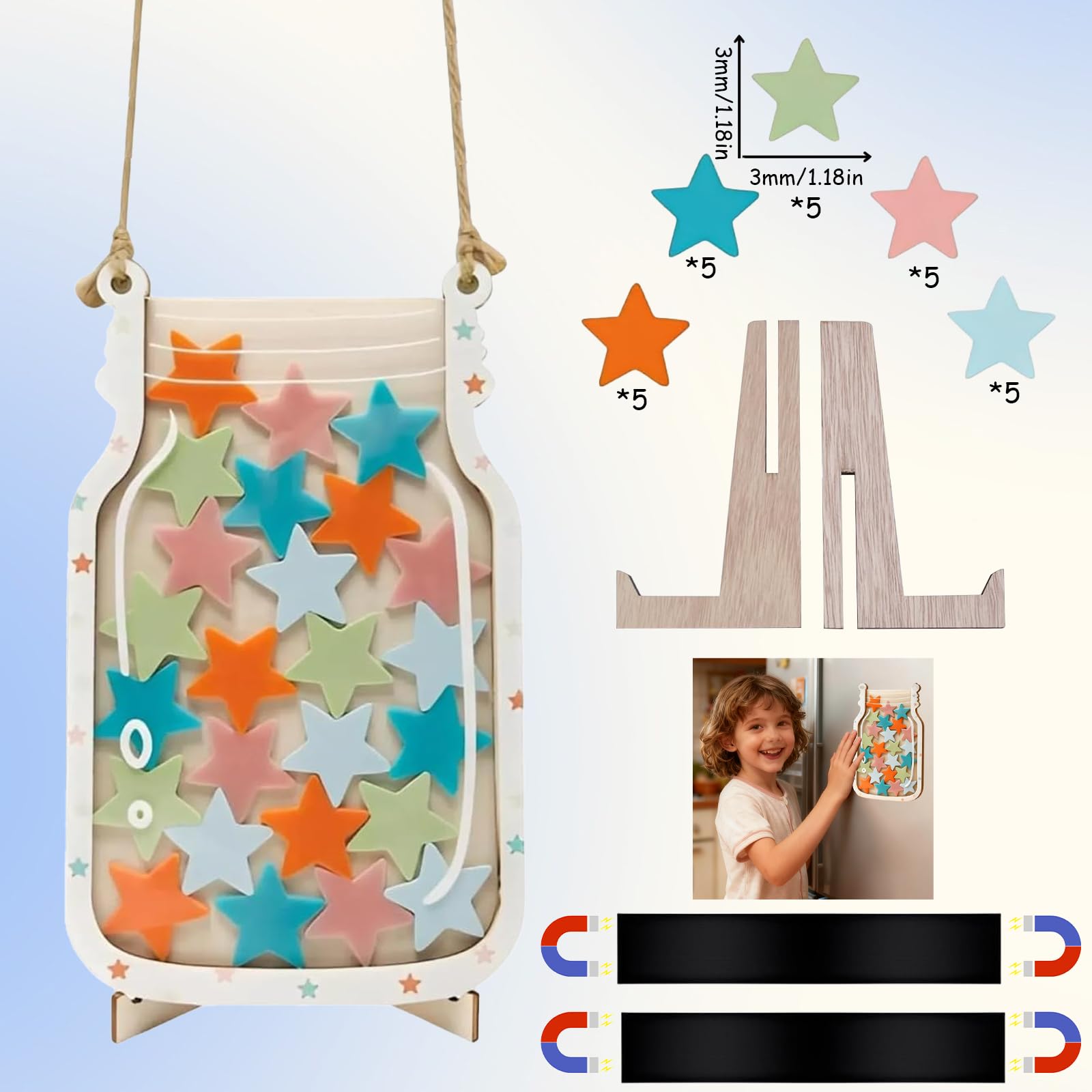 Tabella delle Ricompense per Bambini, Barattolo Stelle 25 Pezzi, Base Legno, Tabella delle Ricompense per Il Buon Comportamento，Regolabile