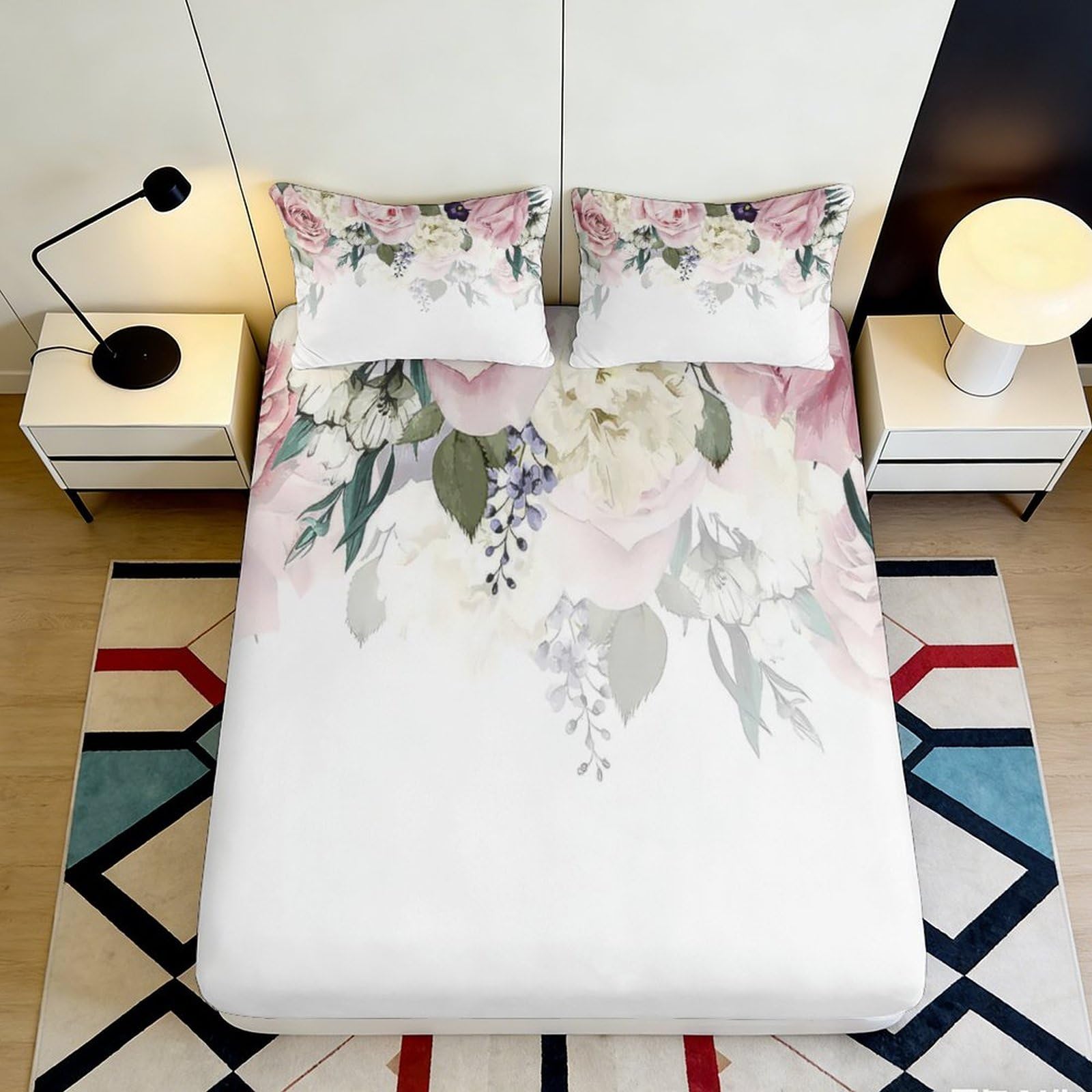 3D Printed Floral Peony Fitted Sheet Microfiber Soft Pink Botanical Lavender Mattress Cover for Bedroom Dorm Decor 90x200x25cm