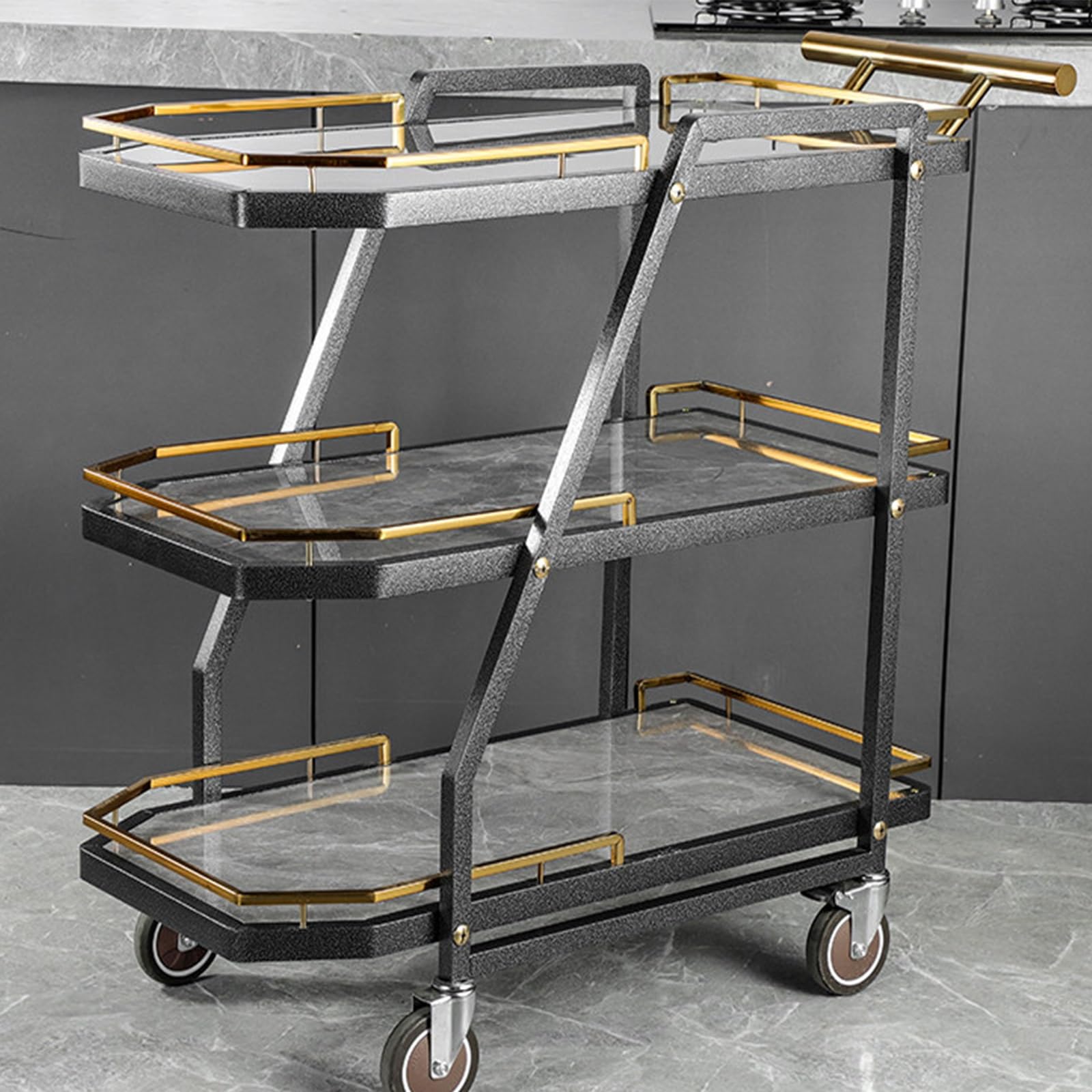 3 Tier Stainless Steel Rolling Serving Cart, Rock Panel Utility Trolley for Restaurant KTV Hotel Food Snack Drinks Transport(A)
