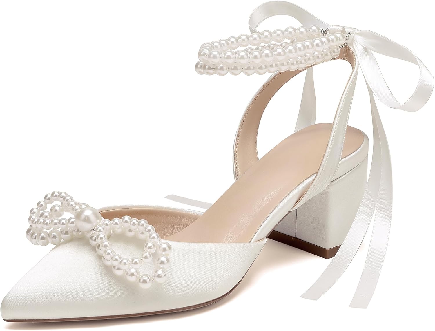 Women's Pearls Closed Toe Chunky Low Block Heel Ankle Strap Heeled Sandals Wedding Dress Shoes Pumps