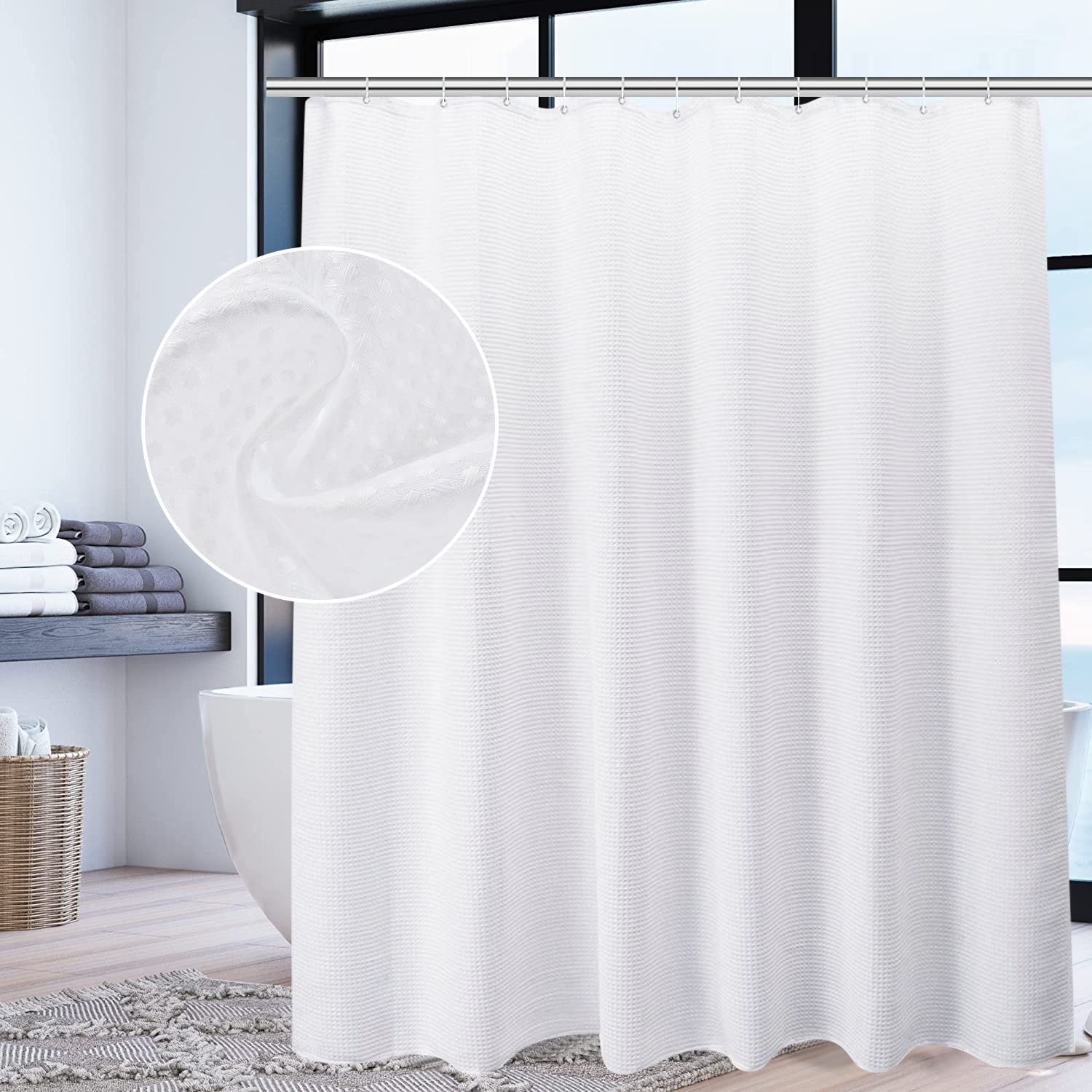 Yuroochii Fabric Shower Curtain, Solid Color Bathroom Thicken Polyester Dots Weave Shower Curtains with 12 Hooks, Waterproof, Weighted Hem, 180 * 180cm Hotel Luxury Spa Decorative Curtain (White)