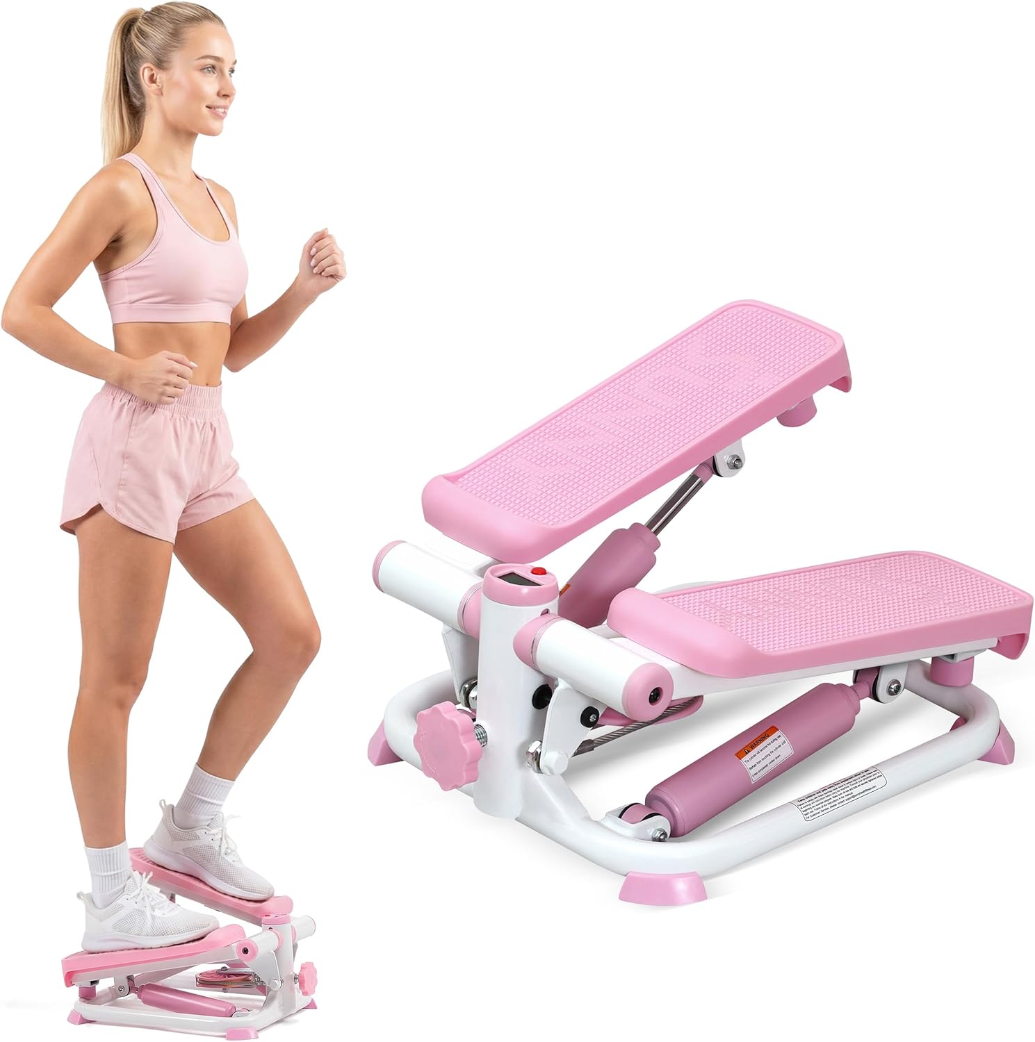 Sunny Health & Fitness Mini Stepper, Compact Home Workout Equipment for Legs & Glutes, Low-Impact Cardio Machine with Digital Monitor, Quiet Hydraulic Resistance, Pink