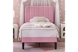 VECELO Twin Size Pink Upholstered Bed Frame with Adjustable Headboard