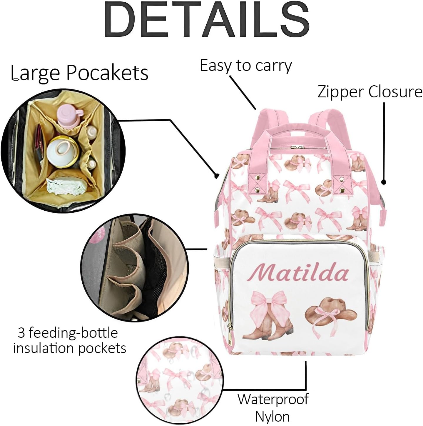Custom Cowgirl Baby Diaper Bag with Name – Personalized Nursing Travel Tote Backpack for Mom or Dad, Custom Name Baby Daypack Gift