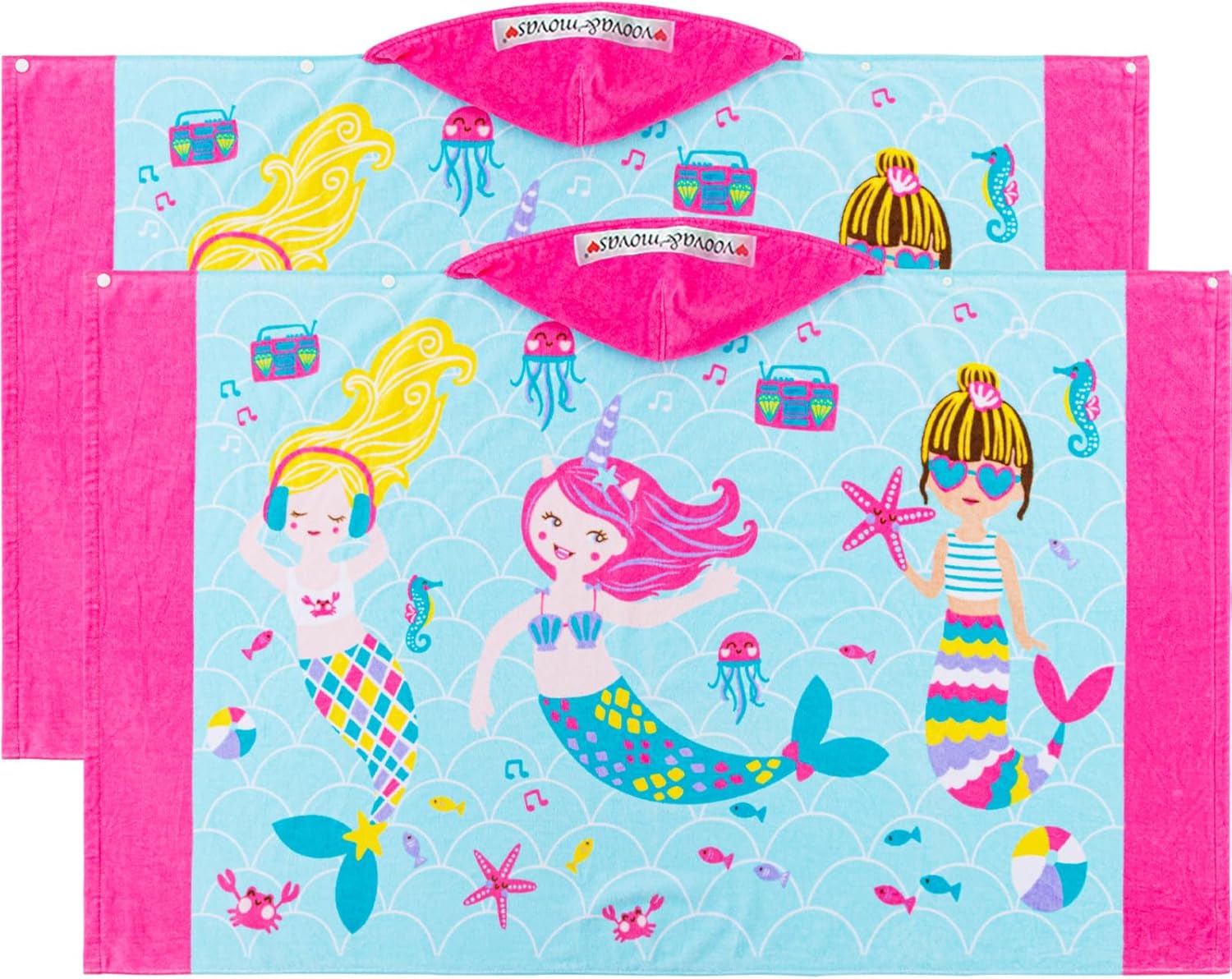 VOOVA & MOVAS Hooded Towels for Kids 2PC Set | 30''X50'' Oversized Bath Towels with Hood & Cotton Bathrobe for Toddlers 3T-10 Years, Perfect for | Pool | Birthday, Mermaid Theme