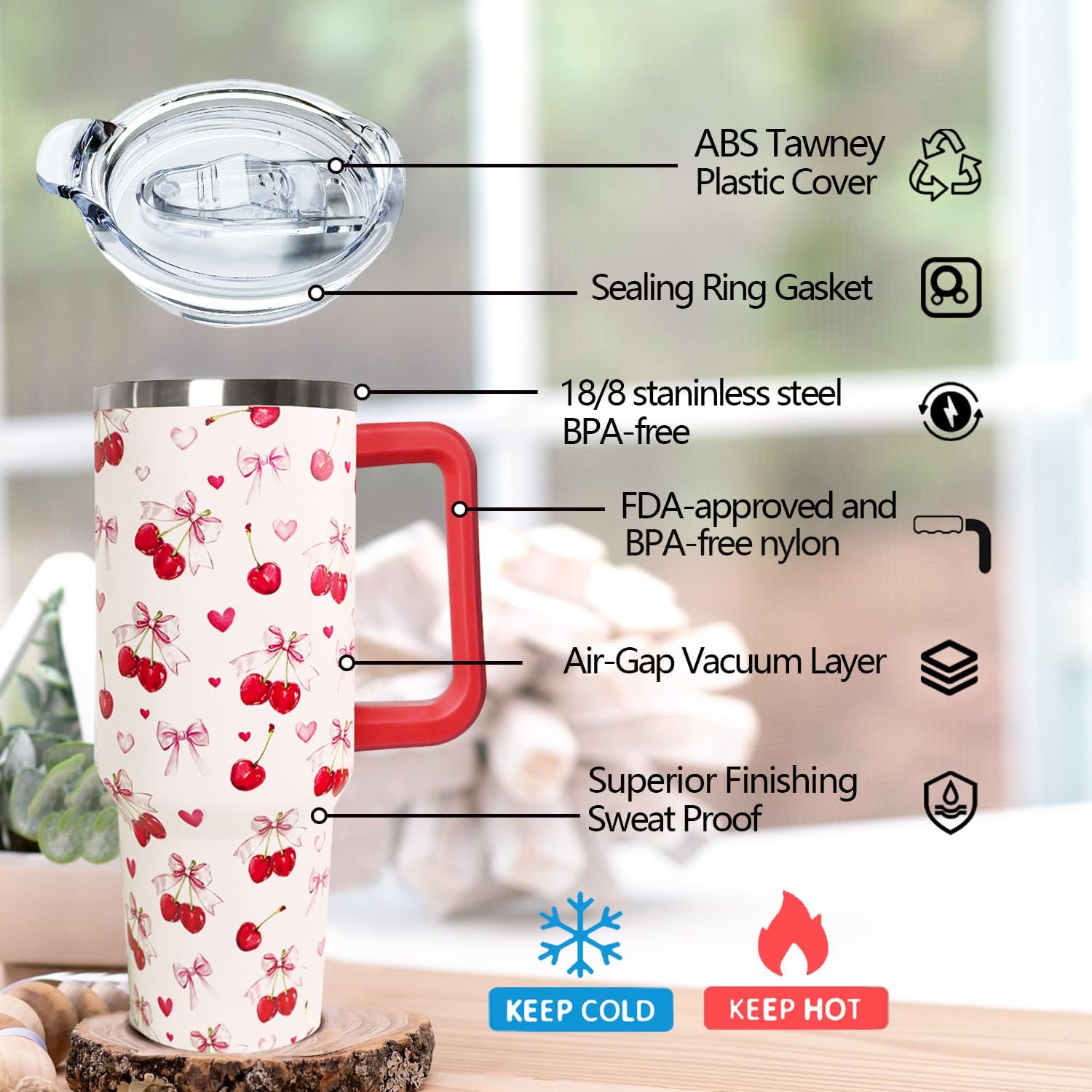 Ceovfoi 40oz Cherry Bow Coffee Mug Cup Water BottlesTumbler With Handle Lid and Straw,Cherry Decor Stuff Accessories - Image 2