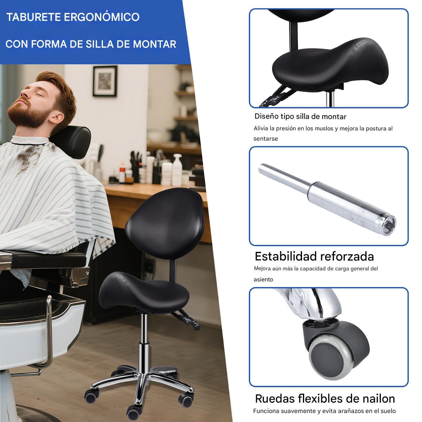 Genérico Taburete Tipo Silla De Montar con Respaldo, Taburete con Ruedas, Taburetes Giratorio con Ruedas, Ta-burete De Trabajo De Altura Ajustable, Taburetes De Cocina, Spas Y Clínicas, 93-105 Cm