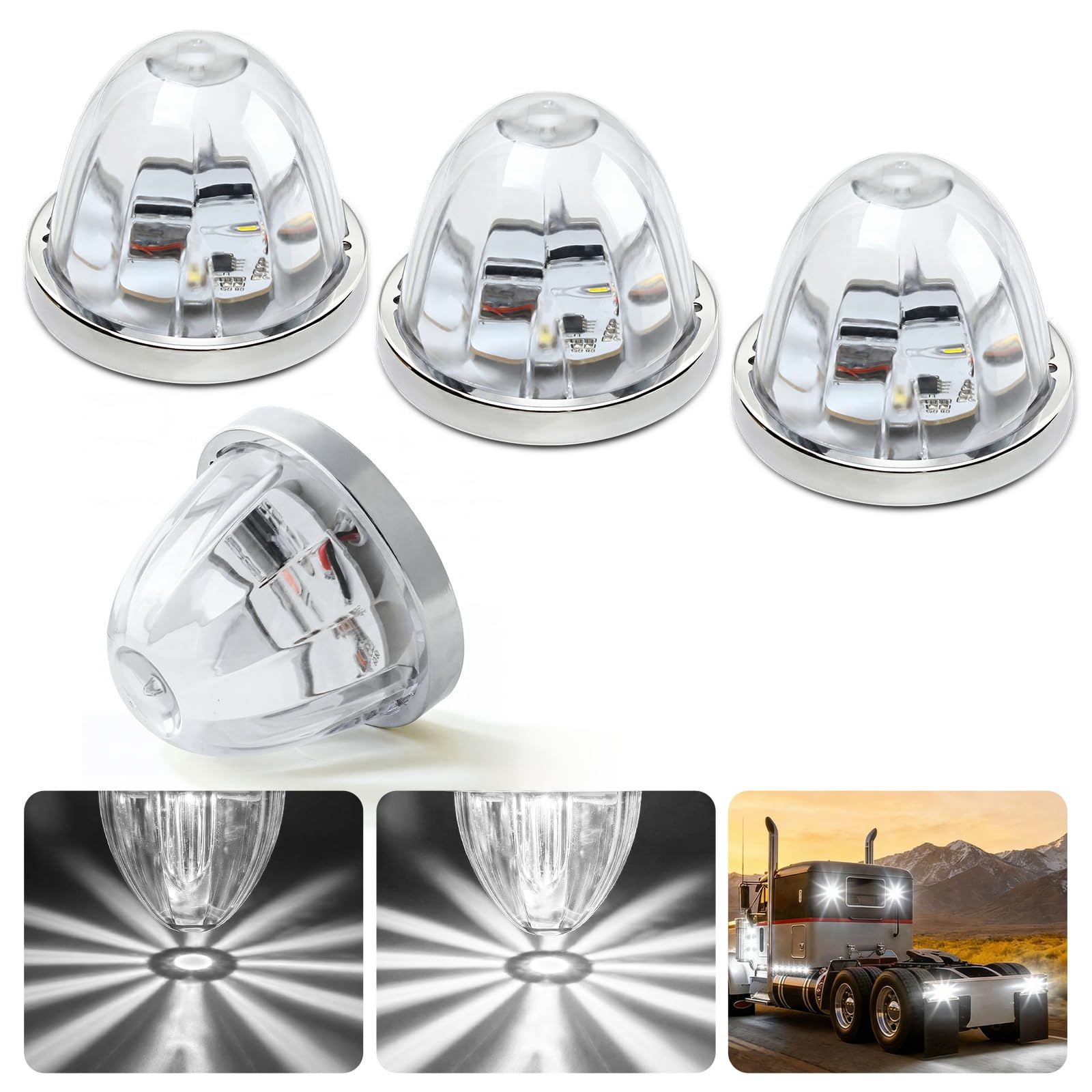 4PCS Watermelon Lights White Strobe &amp; Constant Multi-Function LED Side Marker Turn Signal Tail Roof Lights with Stainless Steel Bezel for Trailer Semi-trailer Heavy-duty Truck