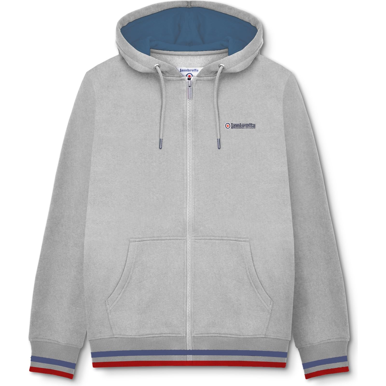 Lambretta Men's Grey/Dark Blue/Red Full Zip Twin Tipped Hooded Sweatshirt Hoodie - Xl