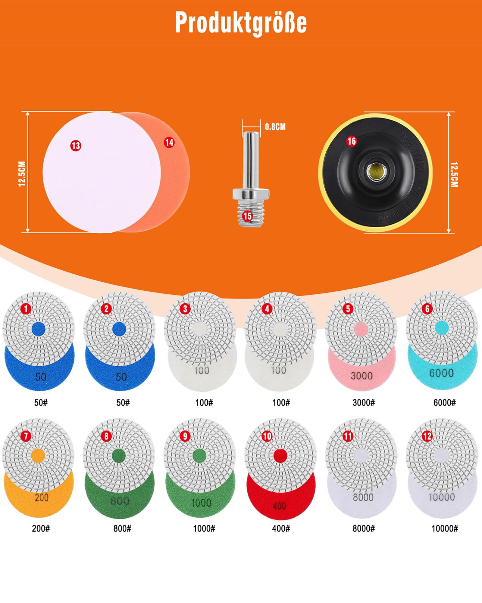 16 Pcs Tampons de Polissage Diamant: Disque a Poncer Pierre 125mm 50-10000# Polissage avec Pads pour Marbre Pierre Béton Granite Avec Disque en Caoutchouc M14