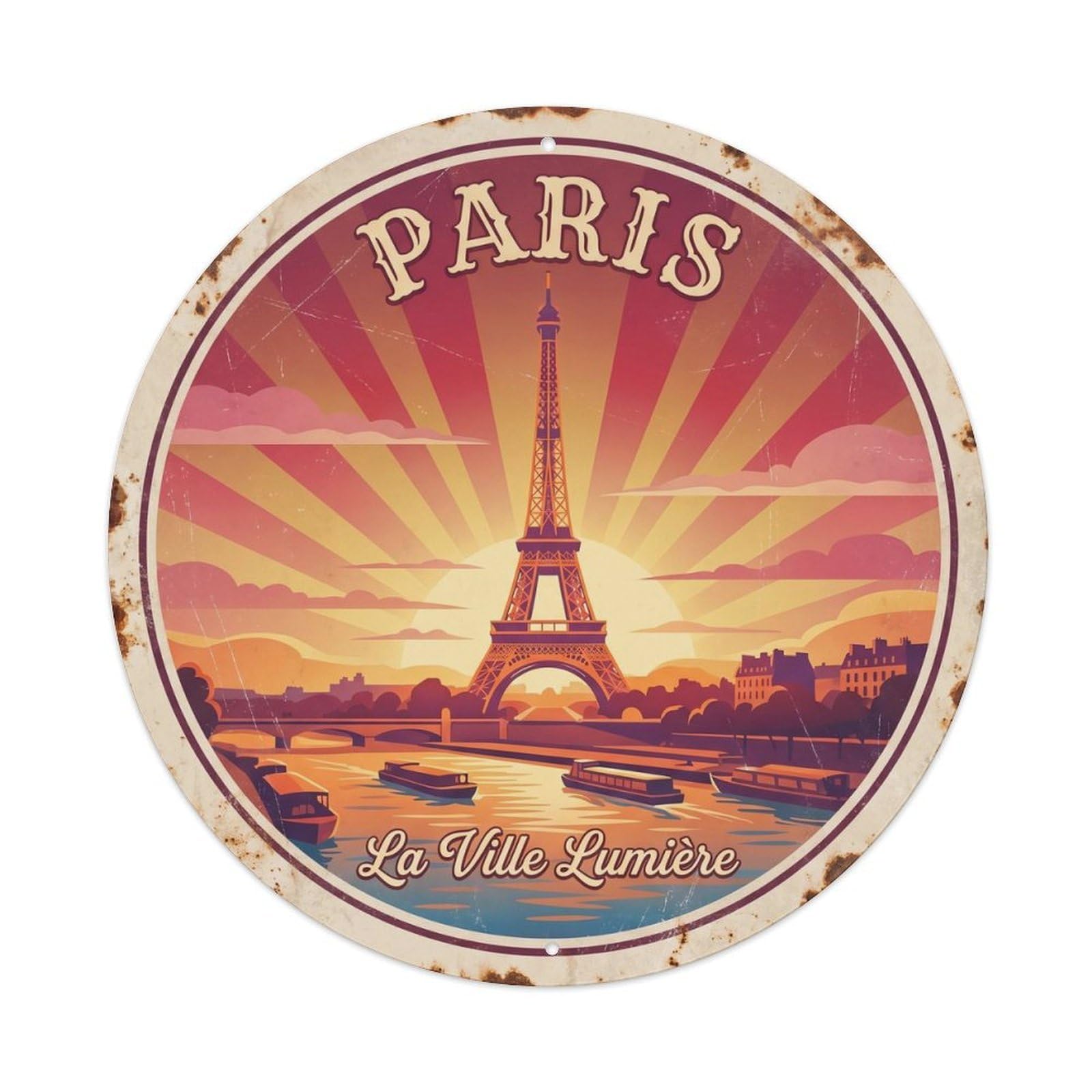 Vintage Travel Parisian Eiffel Landmark 1 Metal Tin Sign Plaque Wall Decor for Cafe, Club, Garden Round Metal Poster 8x8Inch