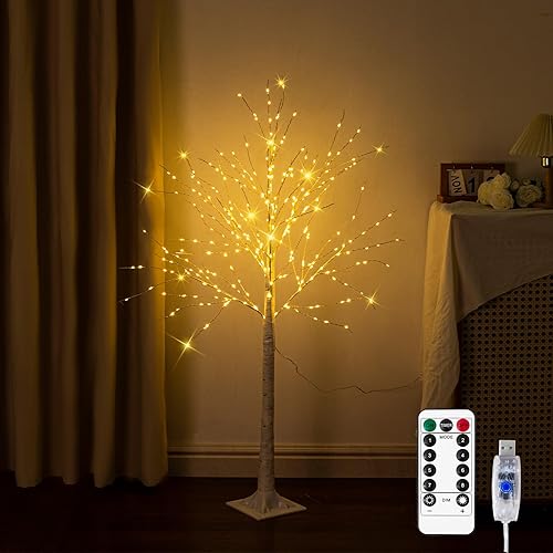 Árbol de abedul de 2 pies con 55 luces LED, árbol de abedul iluminado blanco cálido para interior y exterior, fiesta, decoración de Navidad.