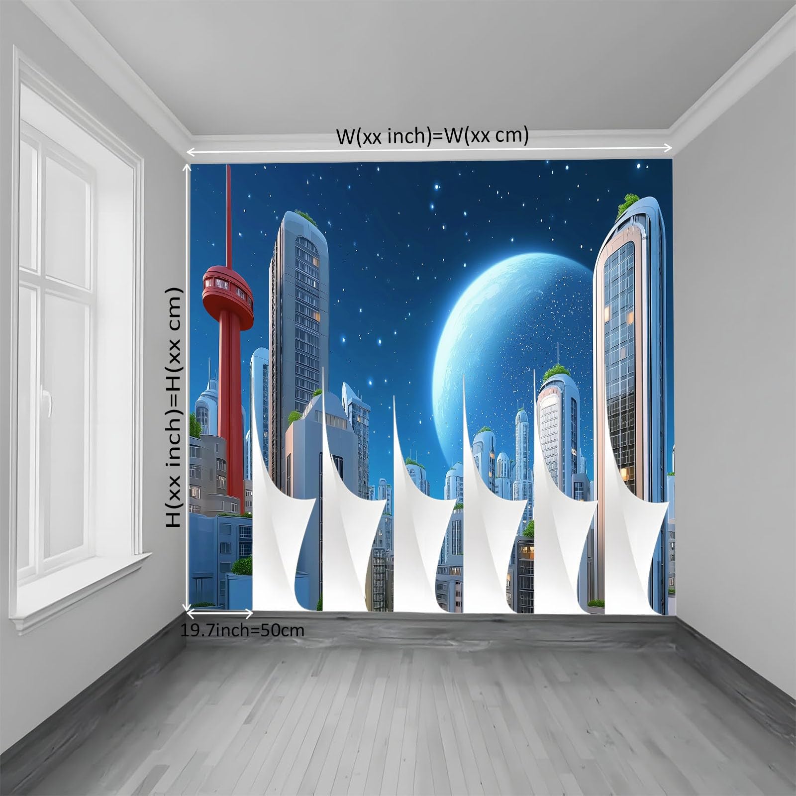 Fototapeta XXL 300 x 210 cm, niebieski plakat ścienny 3D włóknina na ścianę telewizora do przedpokoju i salonu, dekoracja wnętrz Kreskówka planety miasto drapacze chmur