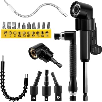 9Pcs Flexible Drill Bit Extension Set, 1/4 inch Hex Shank Bendable Drill Bit Extension Set, 105 Right Angle Drill Attachments 10 Short Screwdriver Bits & 90 Angled Bit, 360 Rotatable Socket Adapter