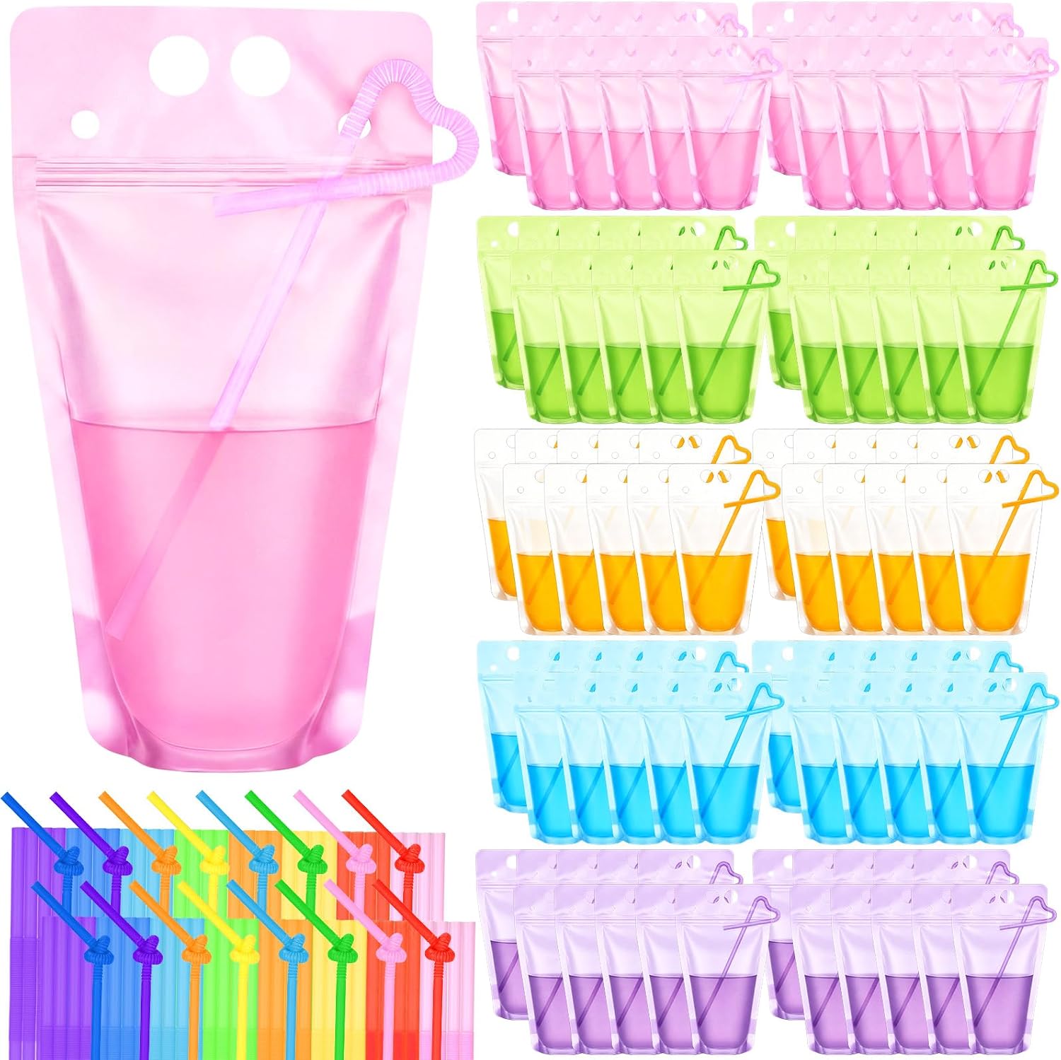LemonRoad 100 Pcs Drink Pouches with Straws 17oz Reclosable Juice Pouches Hand-held Translucent Leakproof Zipper Plastic Bags for Juice Cocktail Smoothies Slushies Party Drinks (Pink)