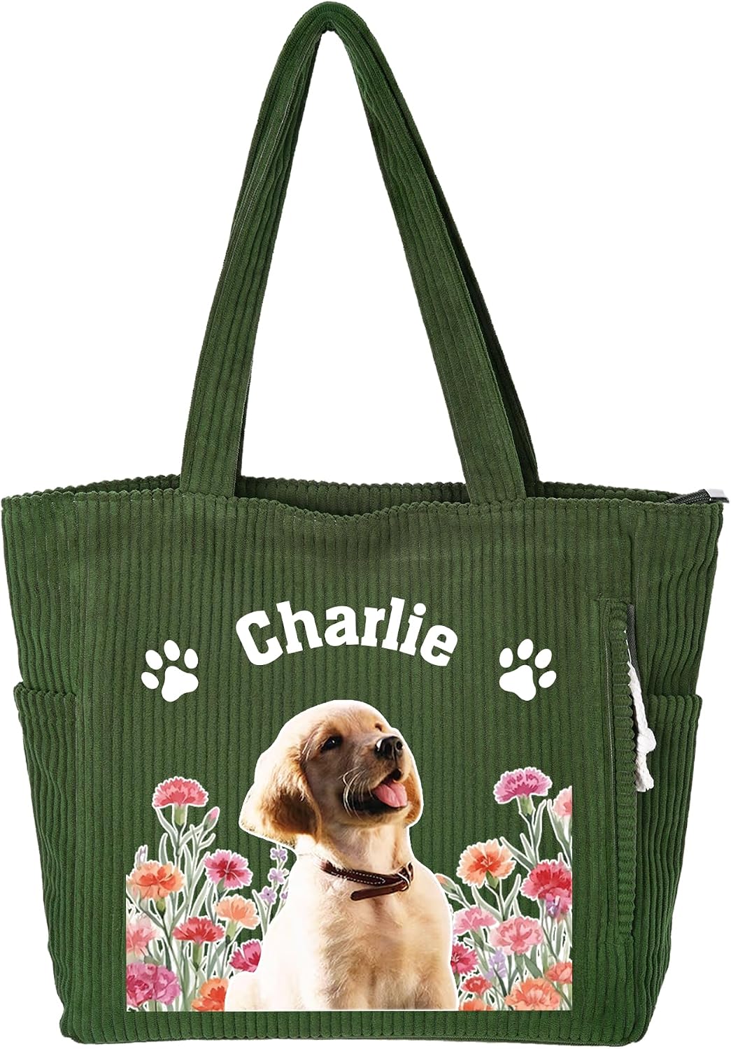 Personalized Pet Photo Tote Bag Custom Name Corduroy Bag Gift for Pet Lovers