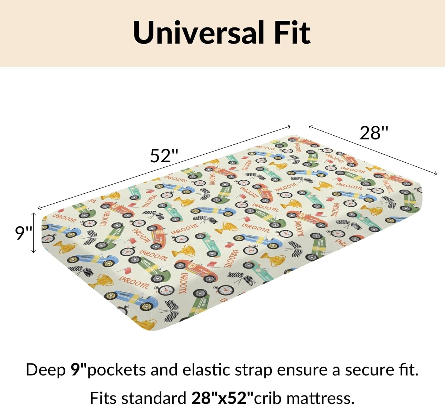 Retro Racing Baby Crib Sheets Race Car Vehicle Toddler Bedding Bed Sheets Colorful Racecars Fitted Crib Mattress Cover Fits Standard Crib Mattress 28x52 in