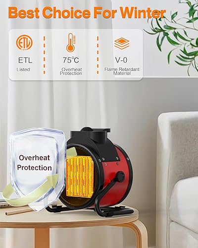 Miniatura 3 de Calentadores de patio para exteriores, calentador eléctrico portátil de garaje de 1500 W con calentamiento rápido 2S, protección contra