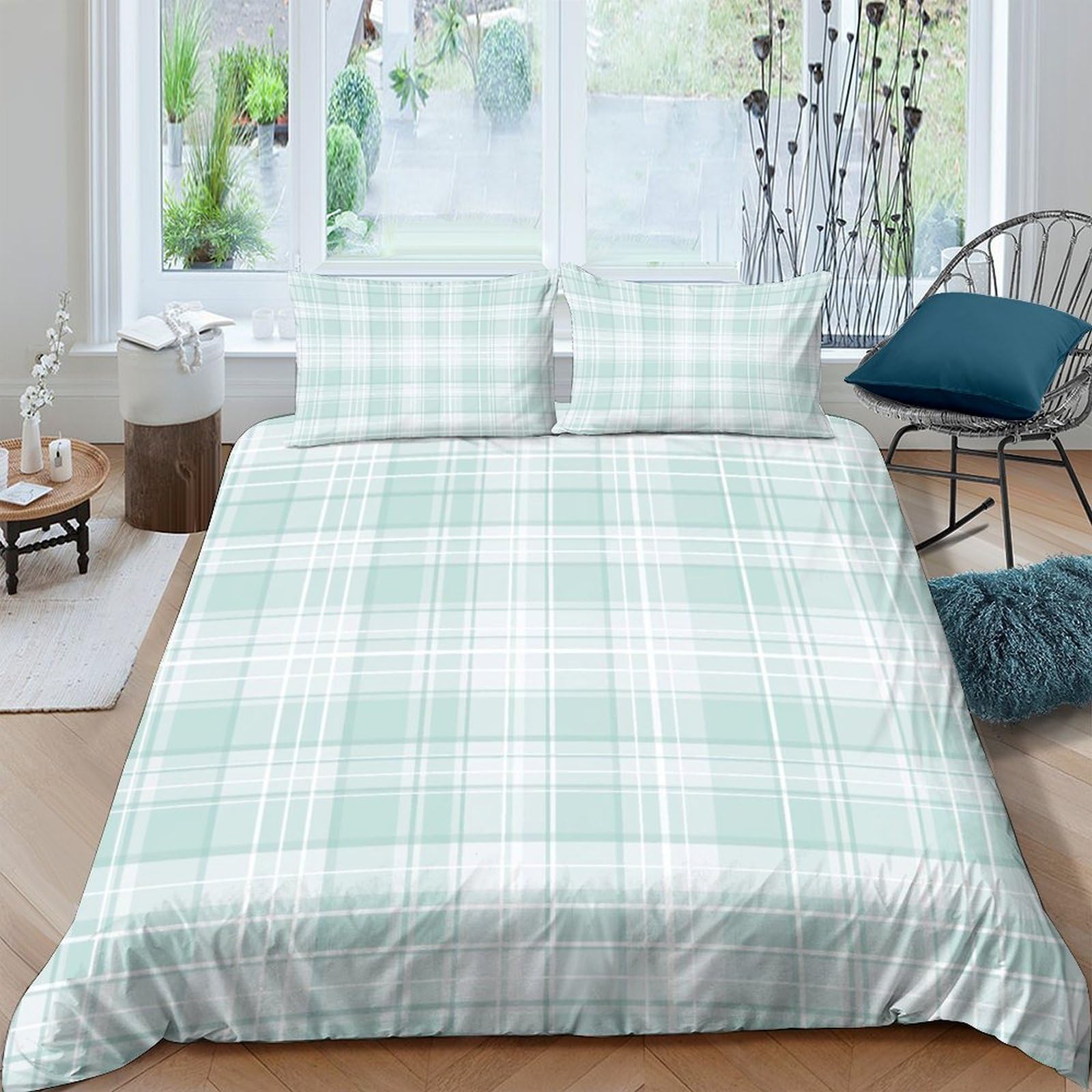 Ctjqhvkz Style-4 3D Printed Mint Green Plaid Fitted Sheet Microfiber Soft Breathable Checkered Bed Cover For Bedroom Dorm Mattress Decor Single（135X200cm）