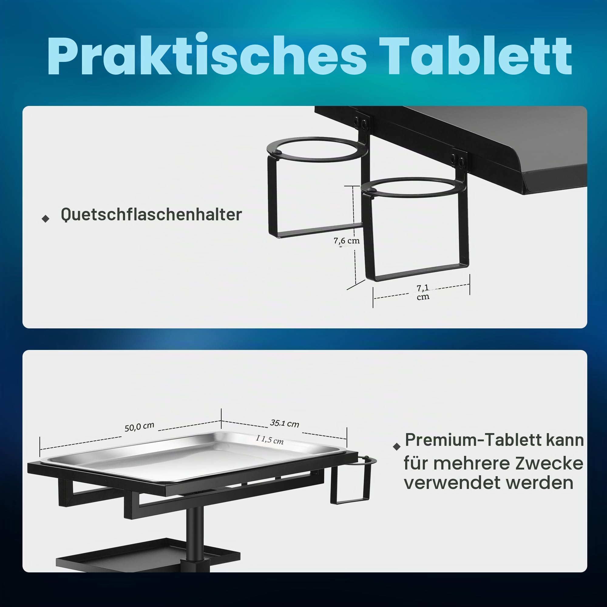 Edelstahl Tattoo-Tablett mit Rollen, höhenverstellbar, 360° drehbar, Rollender Instrumententisch für Tattoostudio