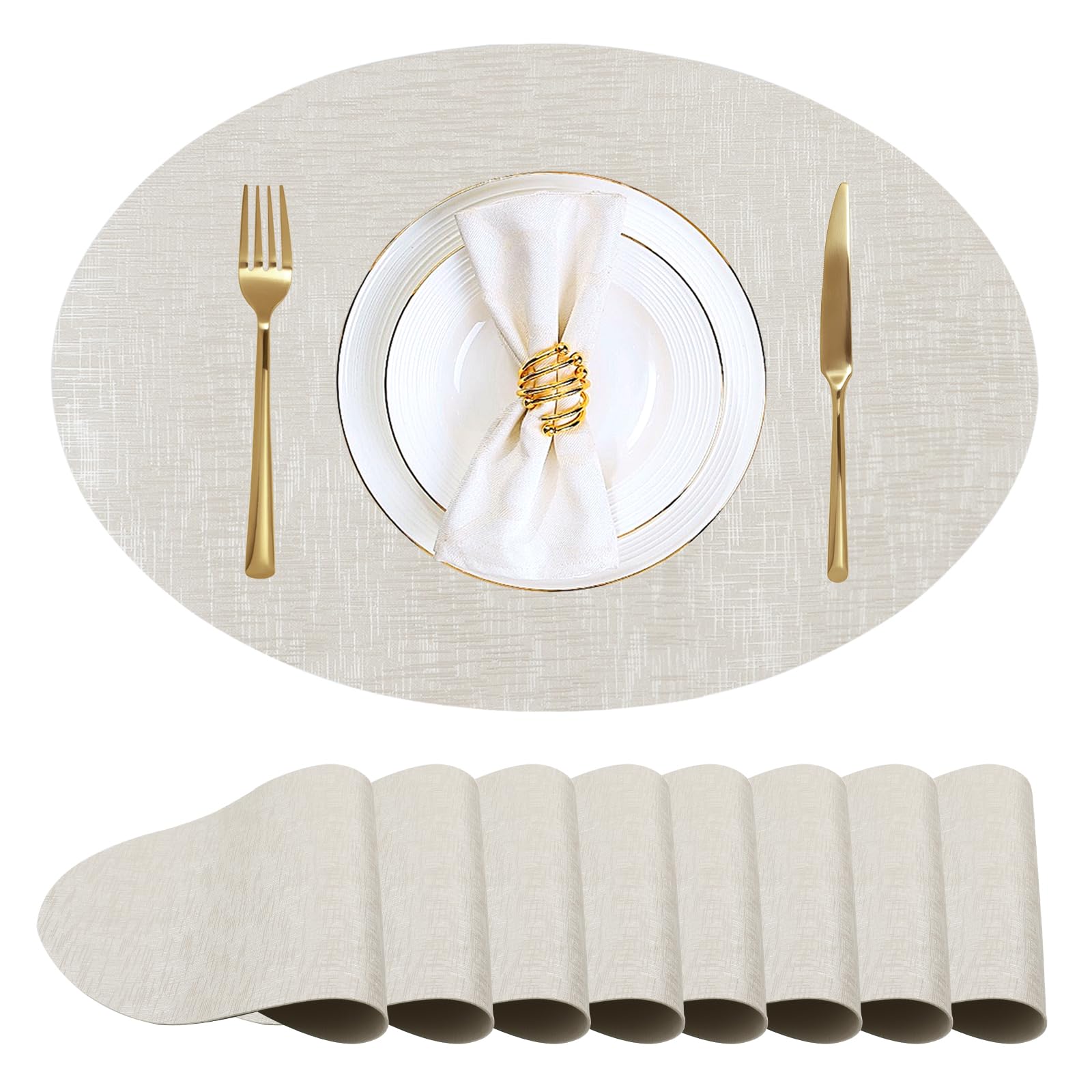 CAMAL Manteles Individuales de Cuero Juego de 8, Manteles Individuales Lavables 43cm x 30cm Salvamanteles Ovalados con Brillo Metálico para Cenas, Banquetes, Fiestas (Beige)