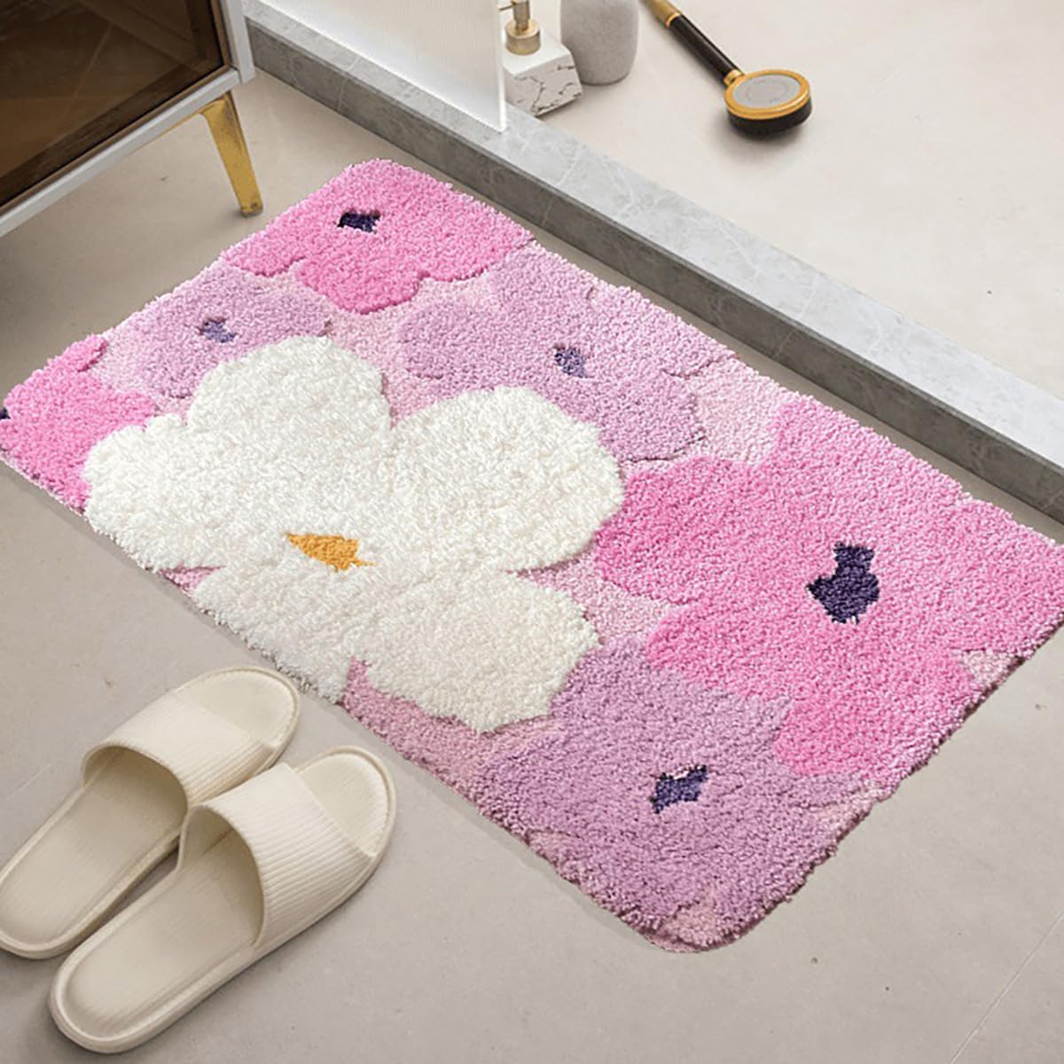 Tappeto irregolare floreale in morbida microfibra, antiscivolo, in peluche, tappeto da pavimento per il bagno, decorazione per il bagno, lavabile in lavatrice, assorbente (D 50 x 80 cm)