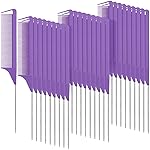 Patelai 30 Pieces Parting Comb for Braids Steel Hair Pin Rat Tail Carbon Fiber Heat Resistant Teasing Combs with Stainless Steel Pintail(Purple)