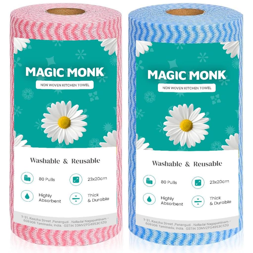 MagicMonk Non-Woven Reusable Kitchen Towel Roll – Soft, Highly Absorbent Kitchen Tissue Roll for Cleaning, Multipurpose Use (Pack of 2, 80 Pulls Per Roll, 160 Sheets)-image-41