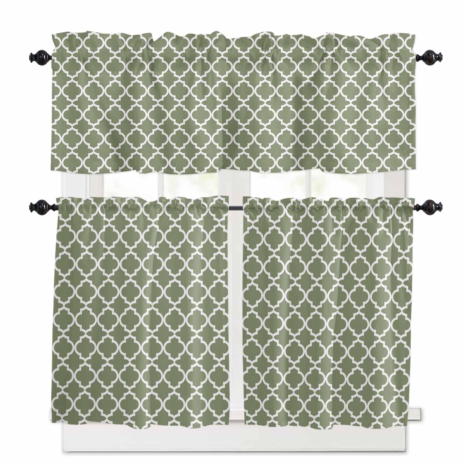 Green Morocco Kitchen Curtains 36 Inch Length,3 Piece Rod Pocket Small Half Tiers and Valance Set,Boho Farmhouse Abstract Geometric Simple Small Large Window Treatment Decor for Bedroom/Bathroom Sink