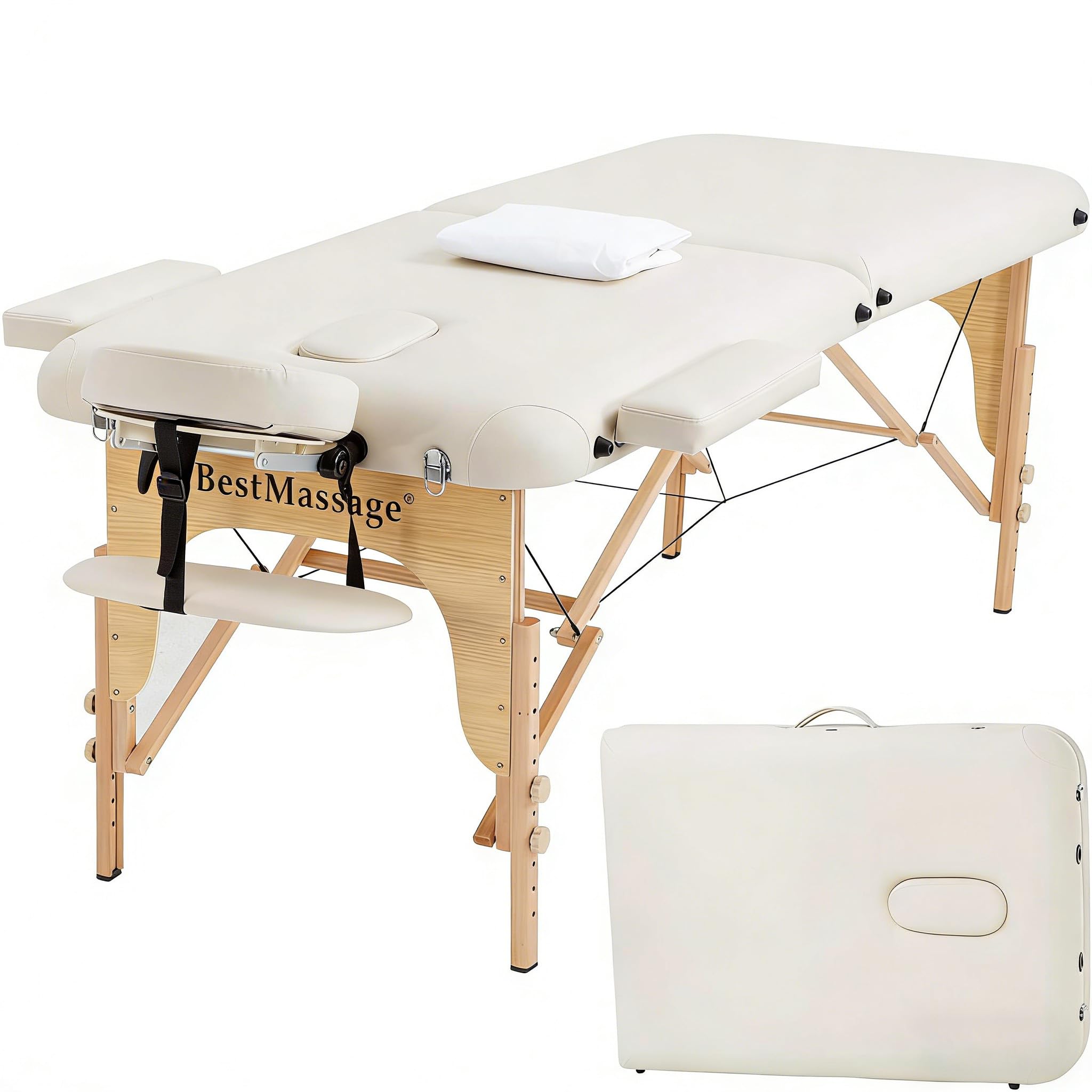 BestMassage Massage Bed Portable Massage Table 28 inch Wide Lash Bed Height Adjustable PU Leather 2 Folding with Towel Hanger Oil Pouch Half Bolster Round Bolster Non-Woven Bag