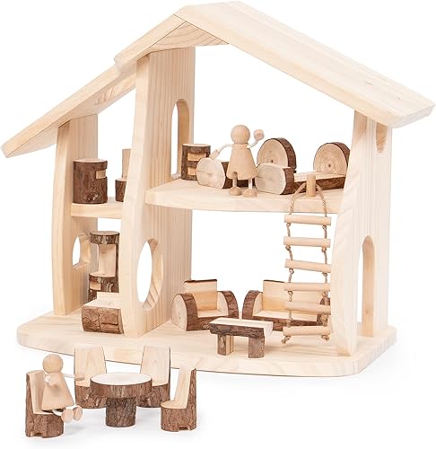 Guidecraft Woodlands - Juego de casa de muñecas de madera natural con muebles - Casa de juguetes educativos para niños
