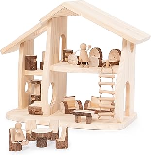 Guidecraft Woodlands Natural Wooden Multi-Floor Dollhouse Set with Furniture - Kids Educational Toy Play House
