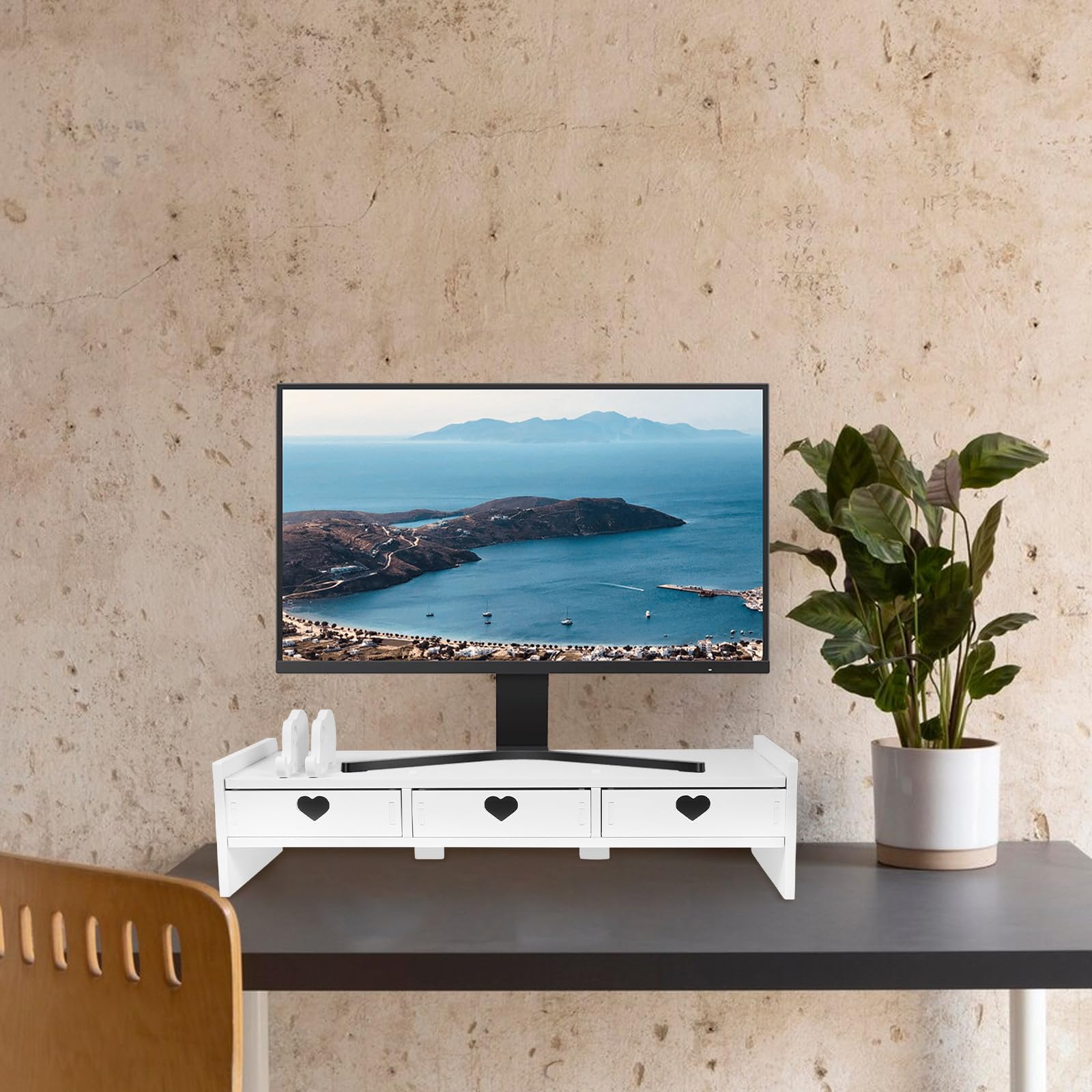 Supporto da Tavolo per Monitor Organizer e Spazio per Tastiera, Rialzo Bianco in PVC e Legno-Plastica, Adatto per Postazioni Ufficio e Smart Working