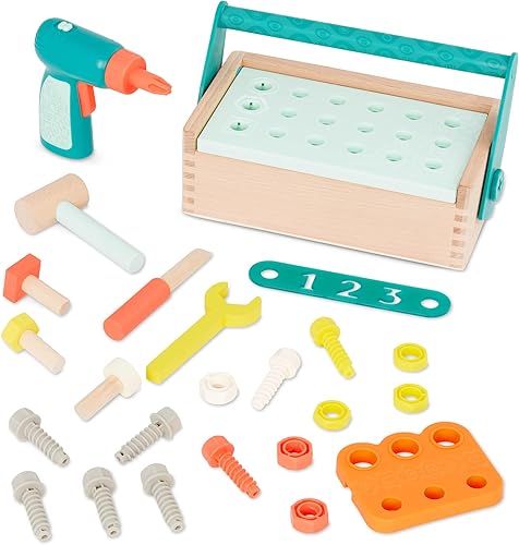 B. toys Kit Fix 'n' Play - Caja de herramientas de juego de simulación - Caja de herramientas y accesorios de madera (25 piezas) - Juego de