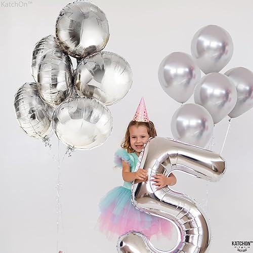 Miniatura 7 de KatchOn, Globos plateados grandes de 18 pulgadas, paquete de 6, globos redondos plateados de Mylar para decoraciones de fiesta plateadas, globos