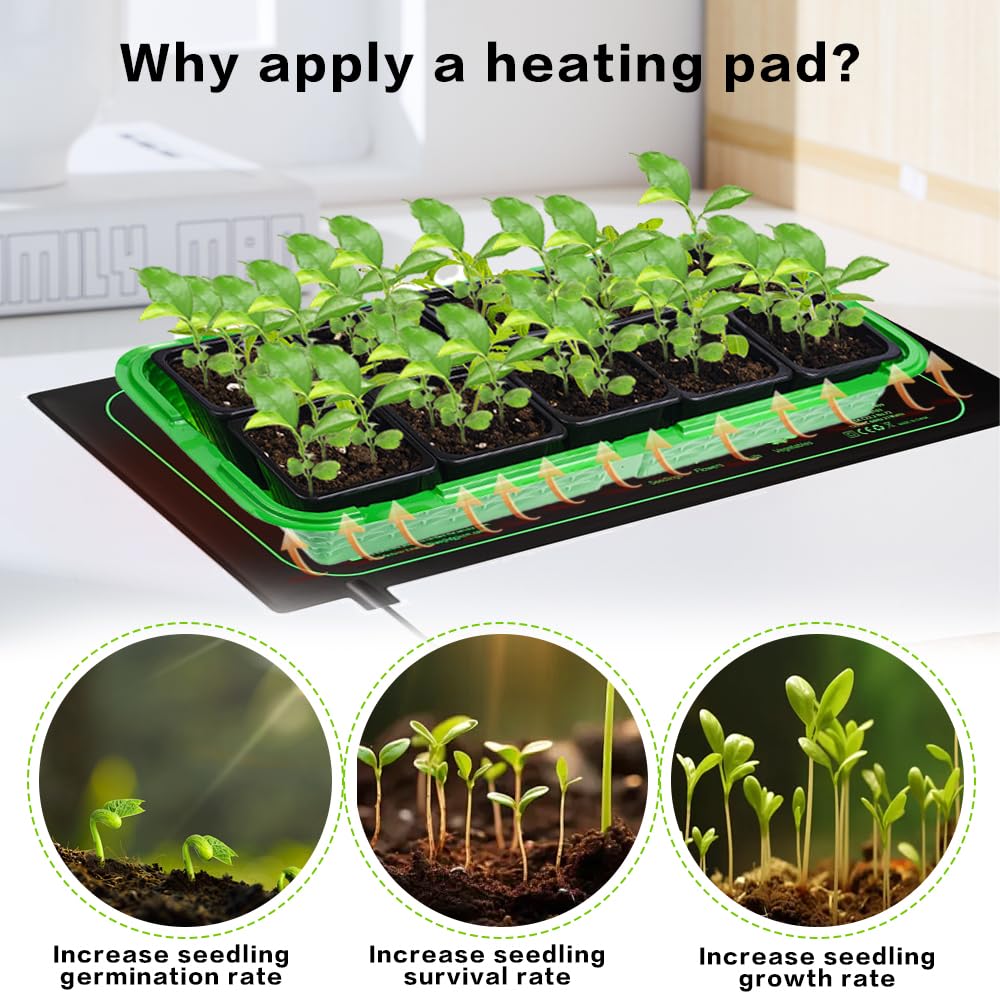 Tapis Chauffant Plante, 20 x 10 in Tapis Chauffant Semis avec Thermostat, 50W Imperméable Tapis Chauffant pour Plantes, Réglable en Temps Tapis Chauffant pour Semis, Animaux, Germination