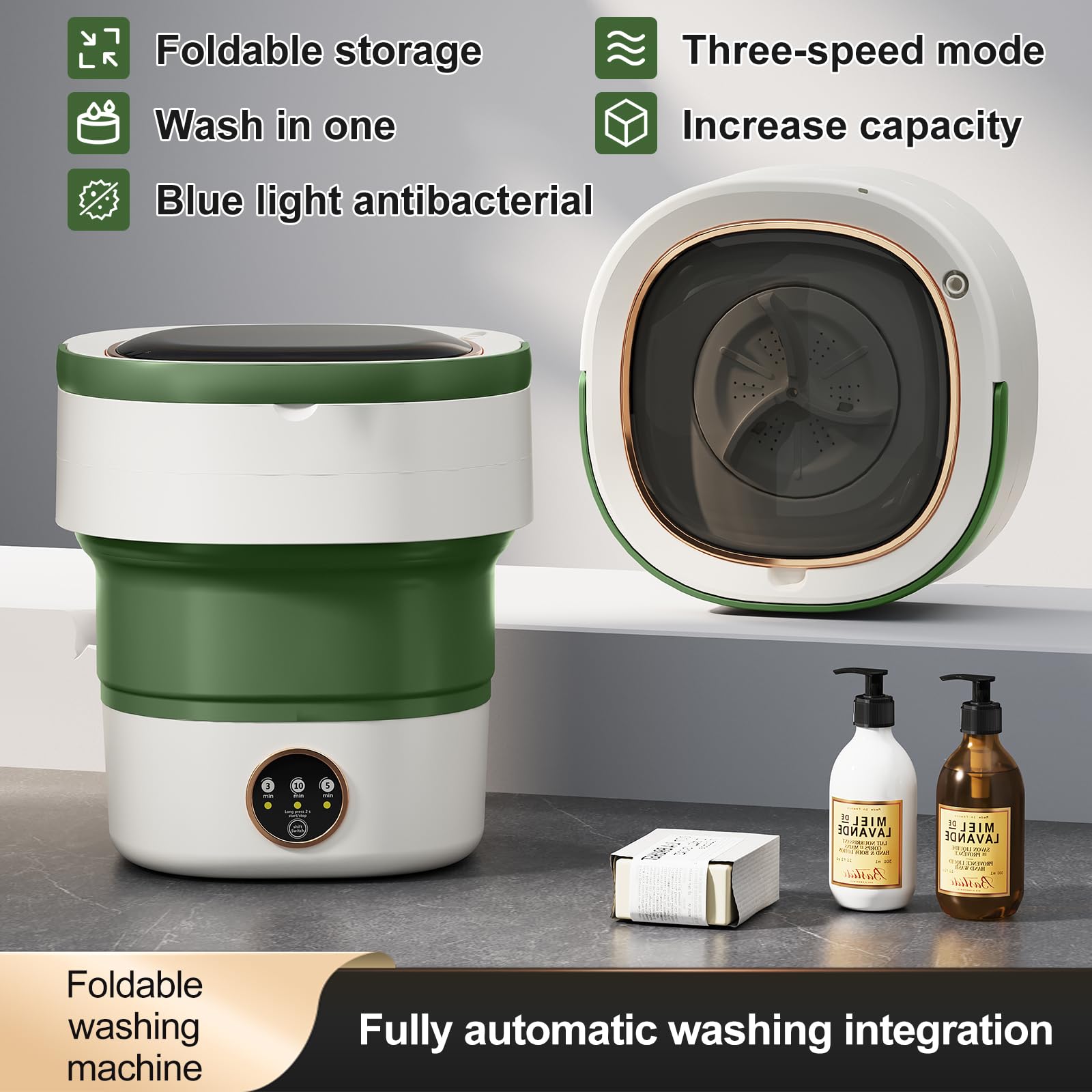 Portable Washing Machine 20L —Small Foldable Washer with Spin Basket, 3 Mode Deep Clean — Mini Laundry Machine for Travel, Dorms, Camping, Ideal for Baby Clothes, Underwear, Socks Green — view 7