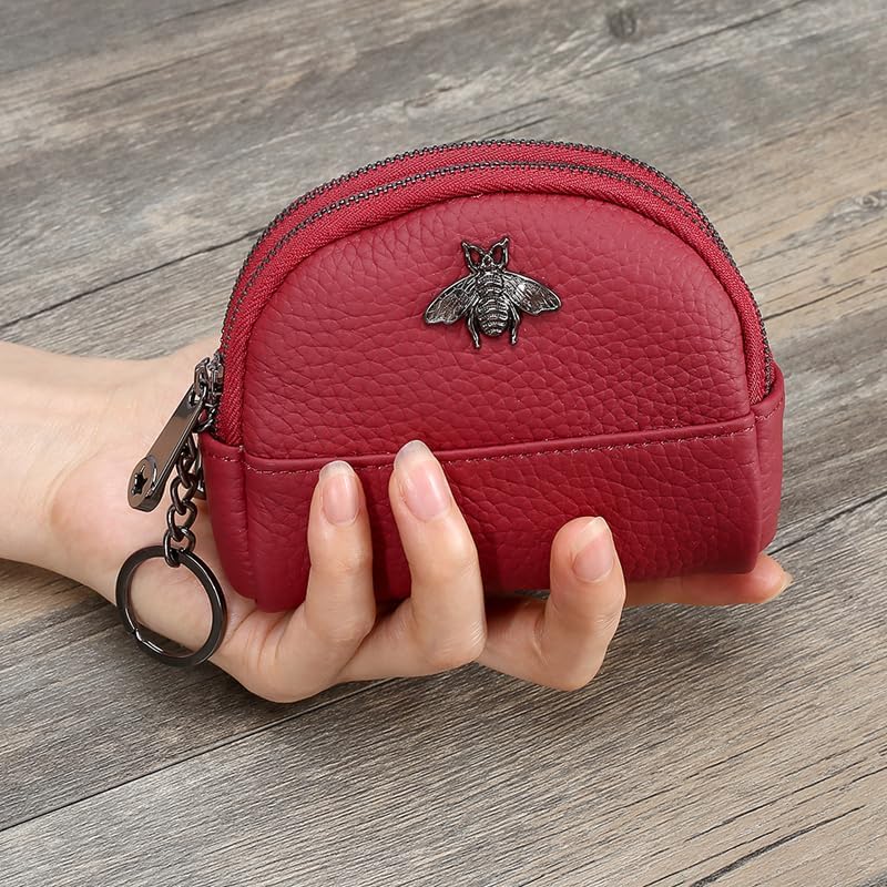 Small Bee Zipper Coin Purse Pouch Wallet Genuine Leather Change Purse Holder for Women with Keychain Ring (Wine red) - Image 7