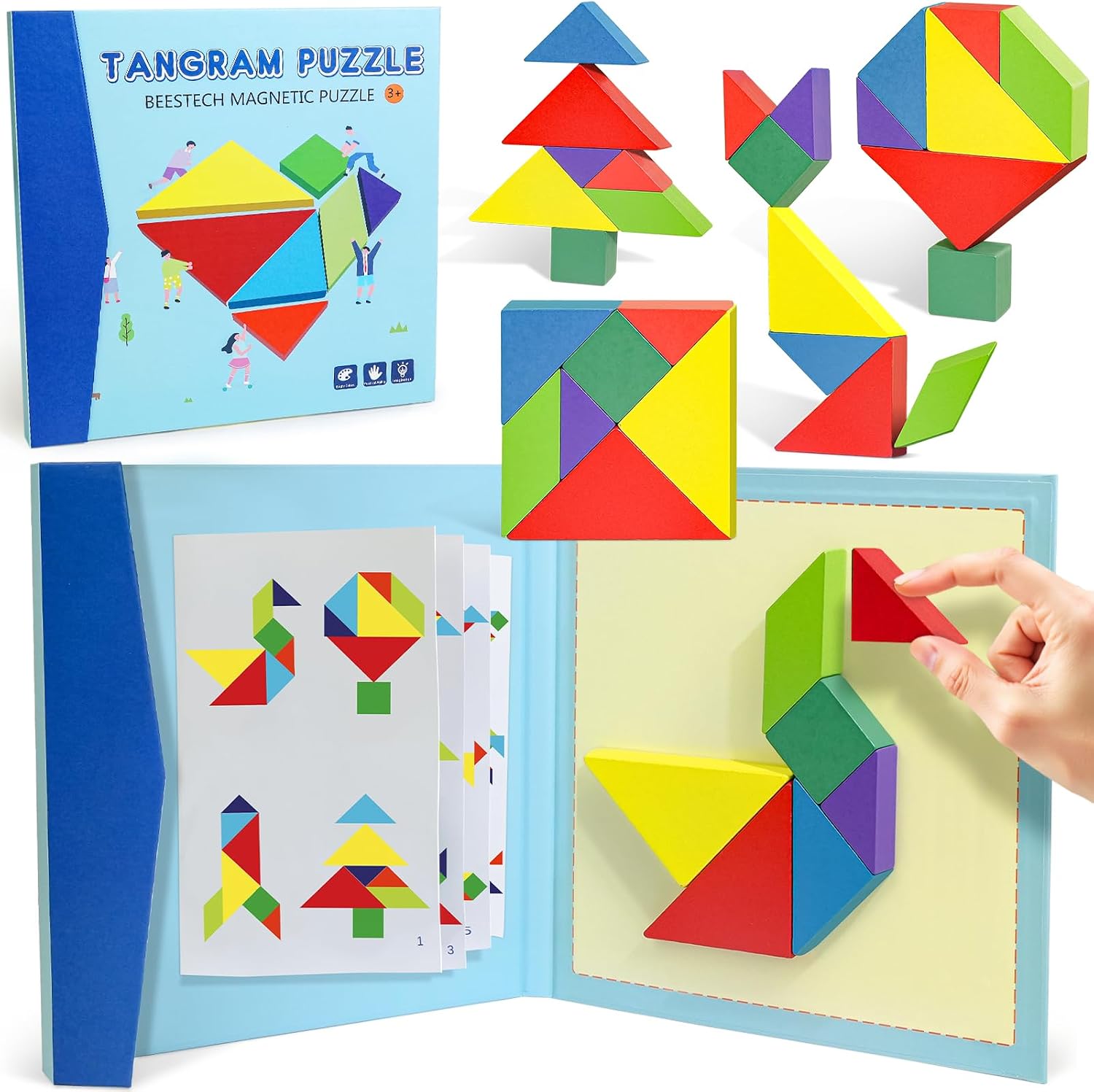 BEESTECH Wooden Tangram Puzzle Book, Travel Games for Kids in Car, Plane or Take Out for Restaurant, Educational Learning Puzzles Toys, On The Go Toys for Kids, Boys, Girls 3,4,5,6,7,8 Years Old