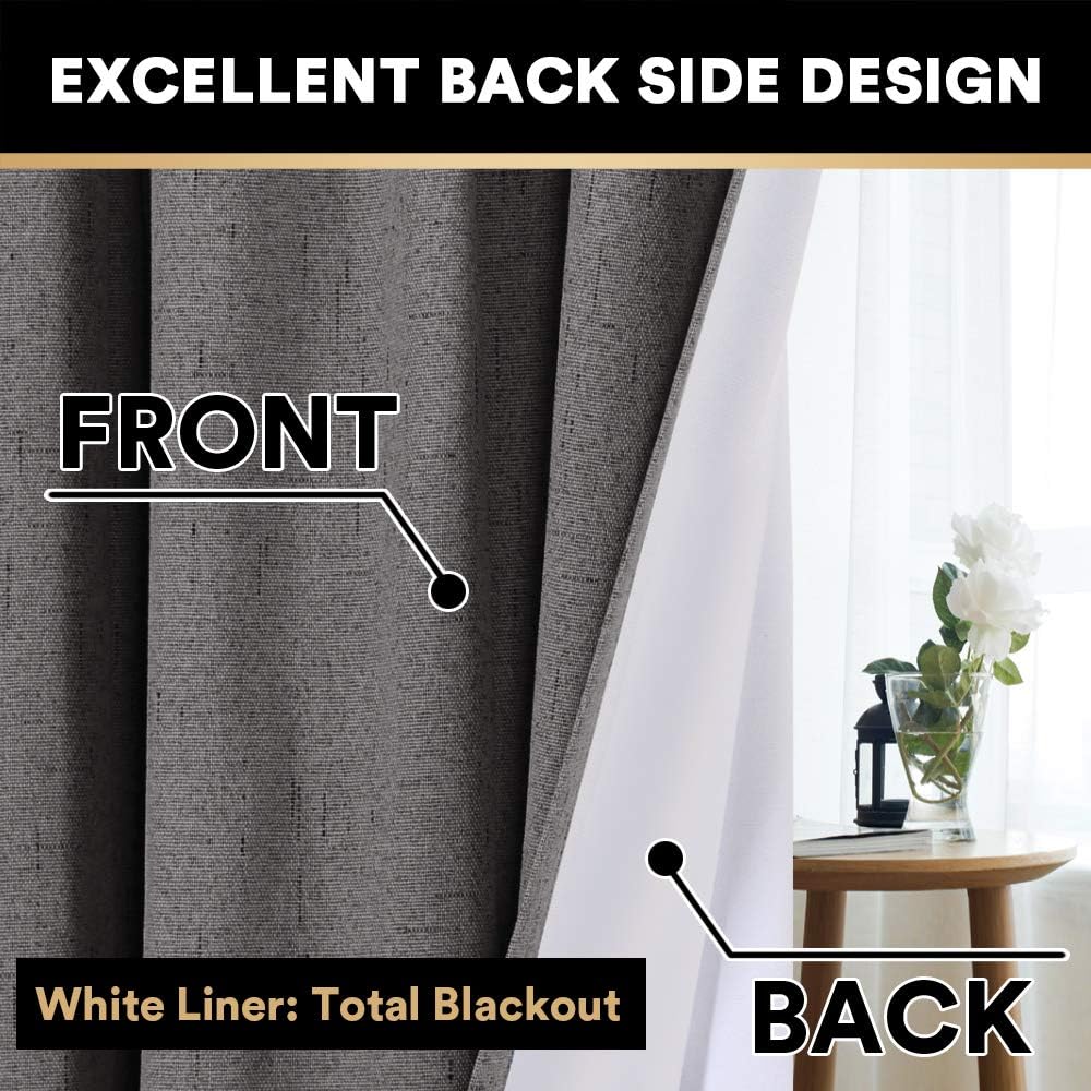 100% Blackout Curtains Primitive Linen Textured Curtain Drapes for Bedroom Full Light Blocking Window Curtains Draperies for Living Burlap Fabric Soft with White Liner (52"W x 63"L, Grey)