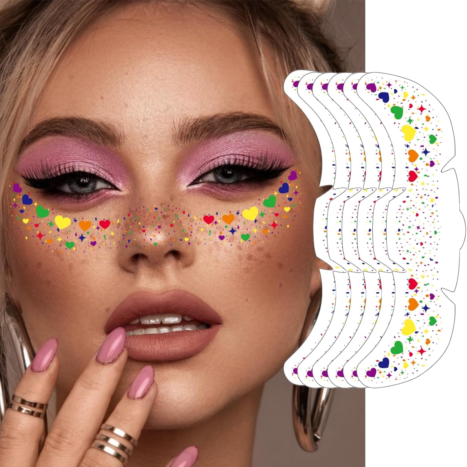 Glitter Freckles Rainbow Pride, 6-Pack Face Tattoo Sparkle Heart Freckles Makeup Patches for Face Rave Accessories (Pride Rainbow)