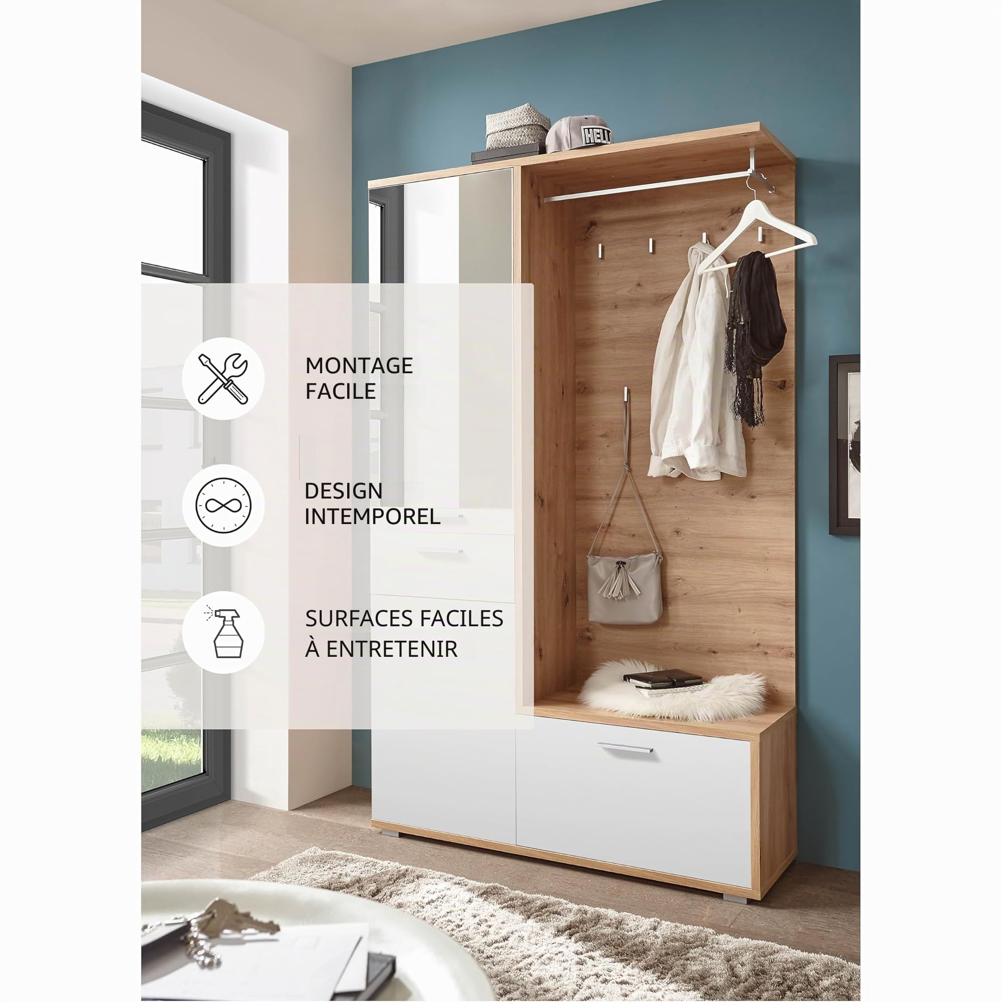 Stella Trading Entra Ensemble de vestiaire d'entrée en Aspect chêne Artisan, Blanc - Vestiaire Compact stylé avec Miroir pour Votre entrée - 117 x 198 x 38 cm (L/H/P)